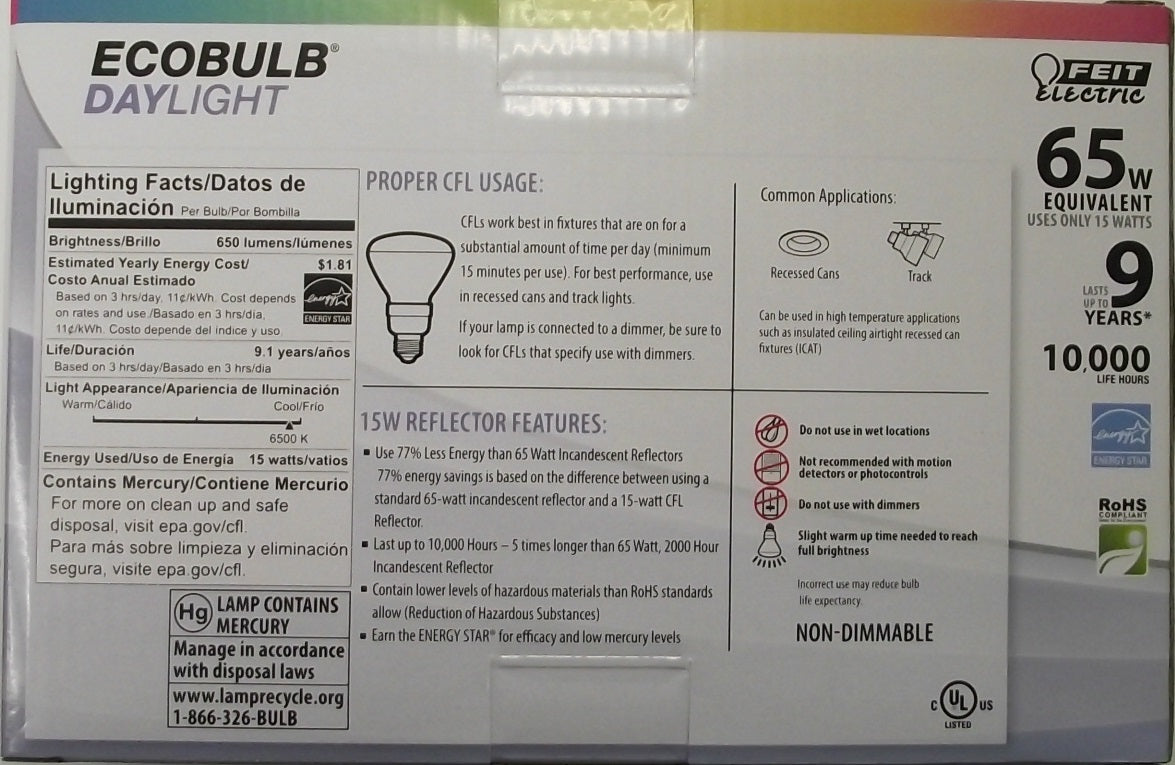 Feit ESL15BR30/D/3 CFL Flood Light Bulbs 3pk ECOBULB Daylight 65W
