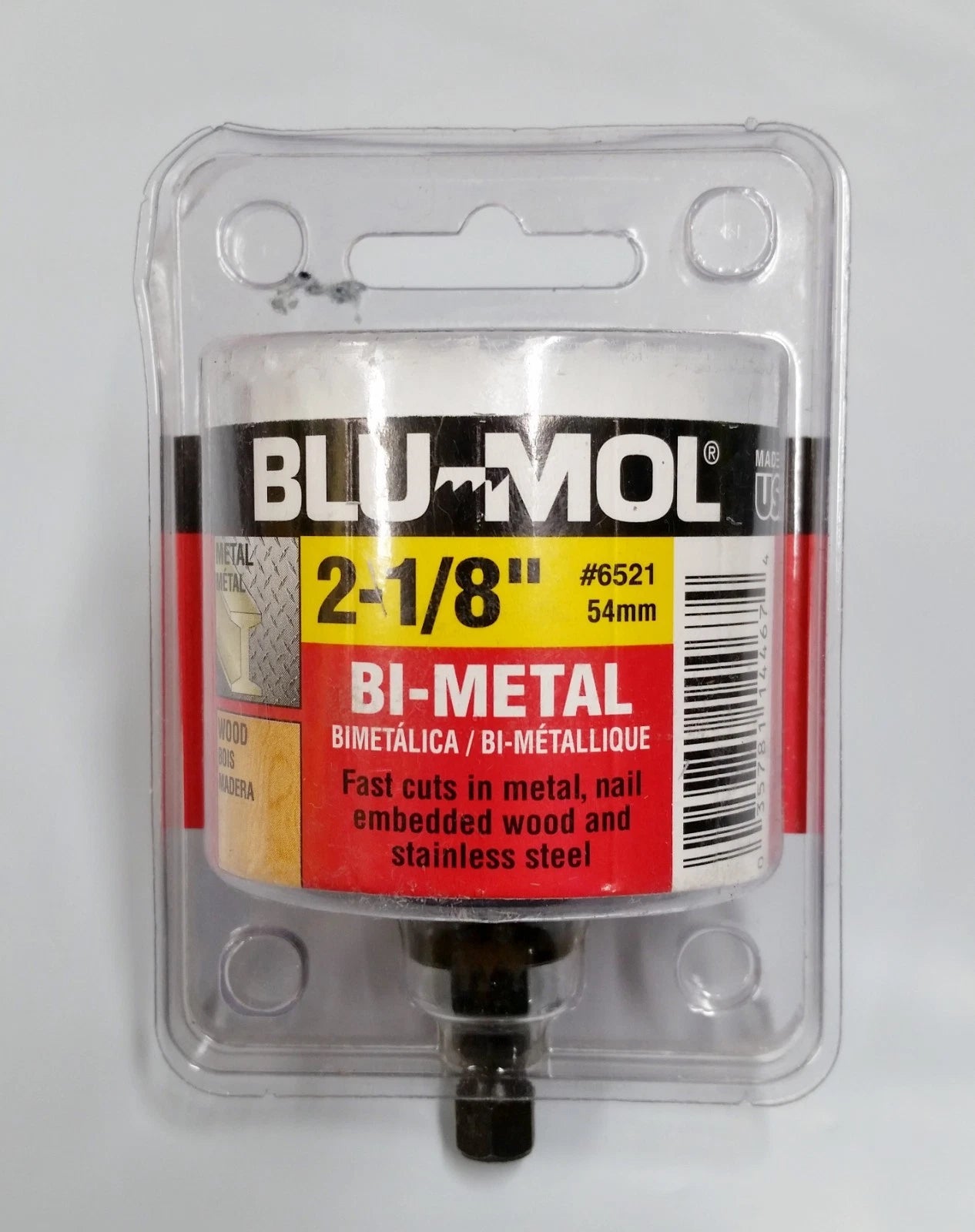 Blu-Mol 2-1/8" Hole Saw Bit With Arbor Bi-Metal, 1-3/4" Depth, USA 6521