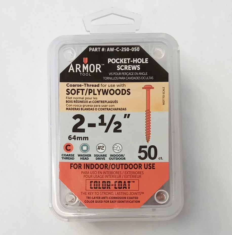 Armor Tool Pocket Hole Screws 2 1/2″ Coarse 50 each AW-C-250-050