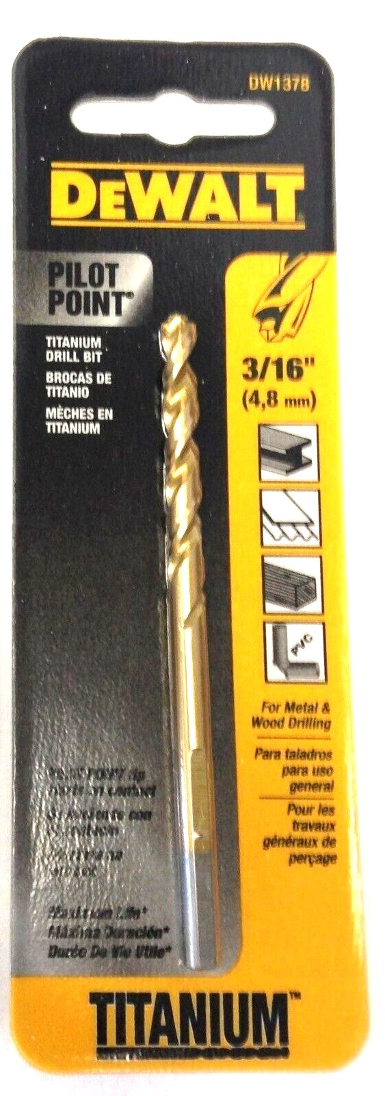 Dewalt DW1378 3/16" Pilot Point Titanium Drill Bit