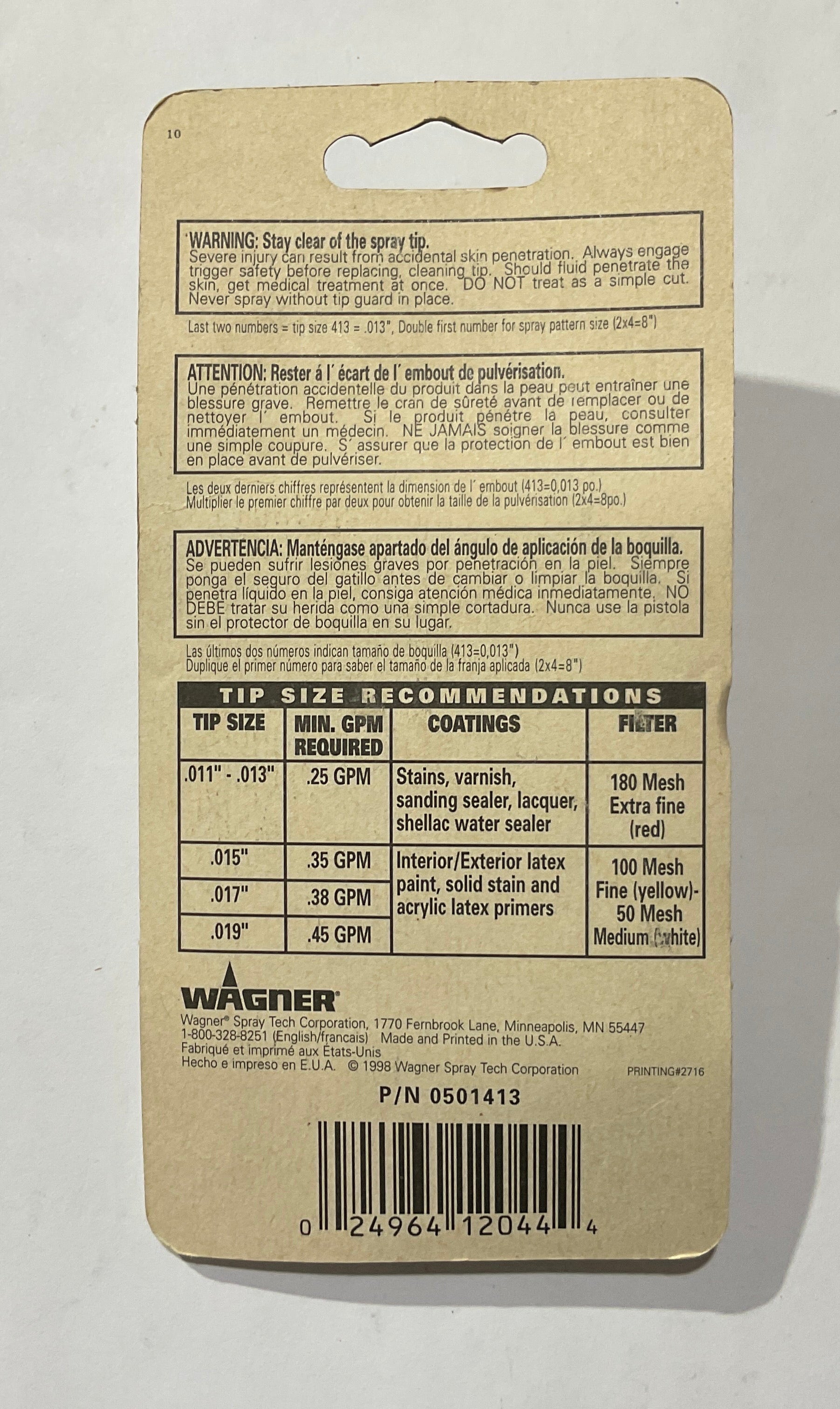 Wagner Reversible Spray Tip 8" Fan Pattern 413 USA