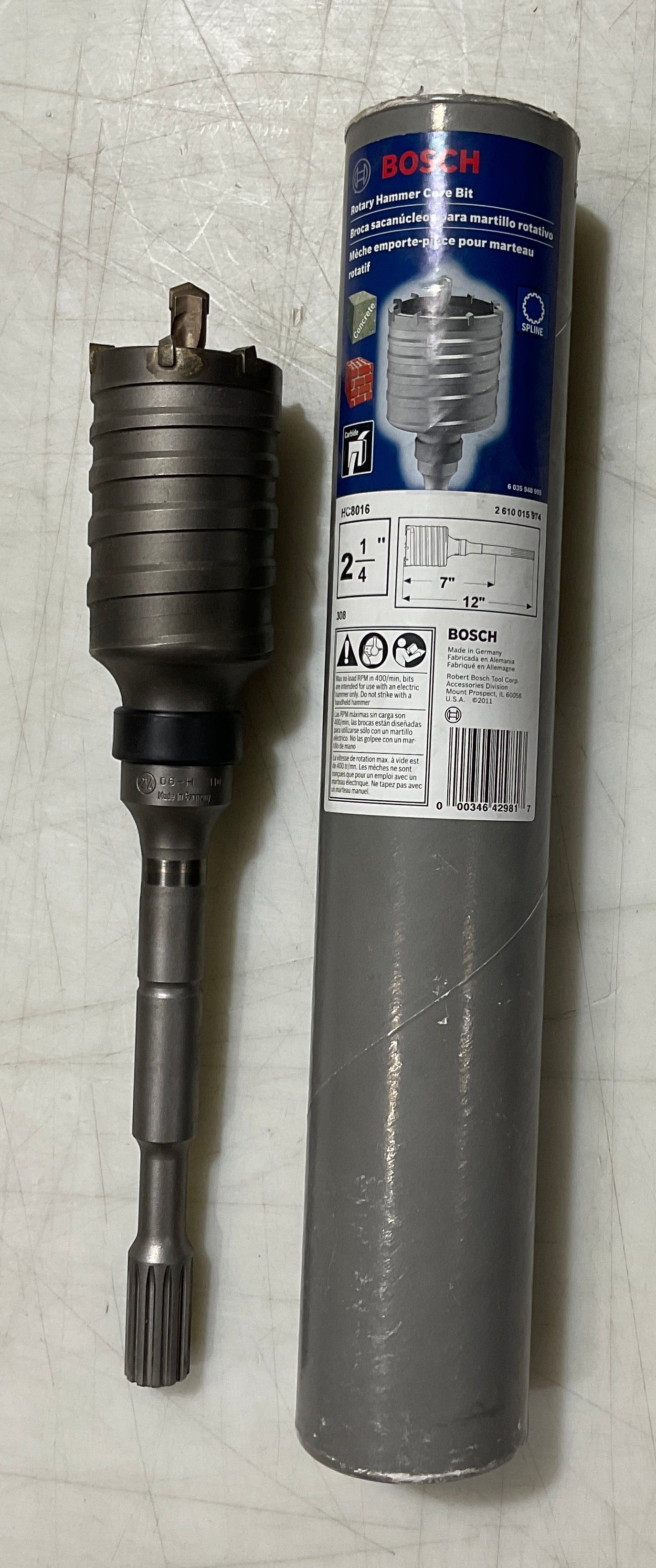 Bosch 2-1/4" x 12" Carbide tipped Rotary Hammer Core Bit HC8016