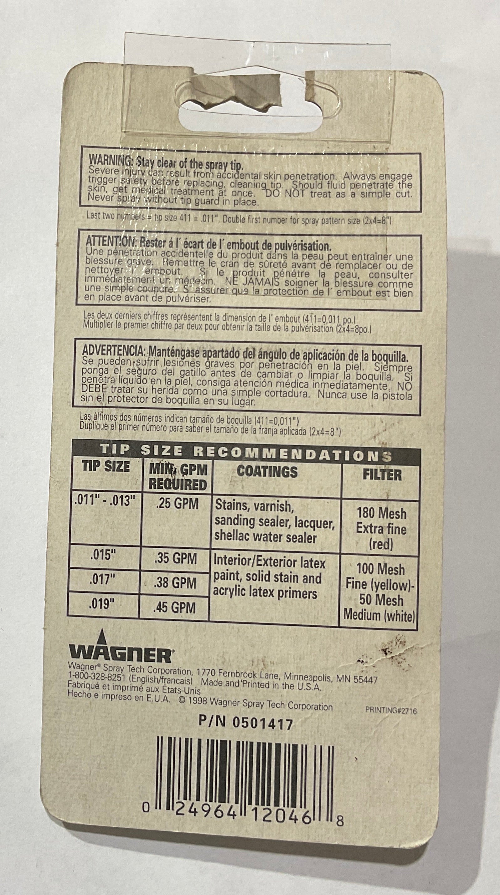 Wagner Reversible Spray Tip 8" Fan Pattern 417 USA