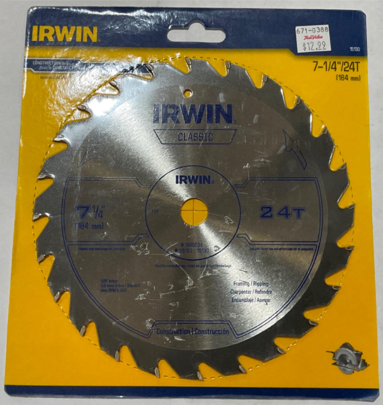 Irwin Classic 25130/15130 7-1/4" x 24T Framing/Ripping Circular Saw Blade Carded