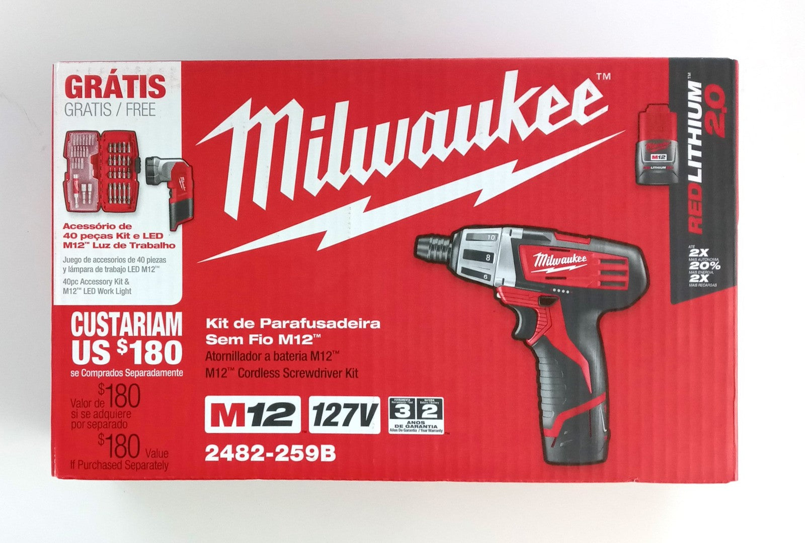 Milwaukee M12 Cordless Screwdriver w/ Bits & WorkLight (EURO CHARGER) 2482-259B