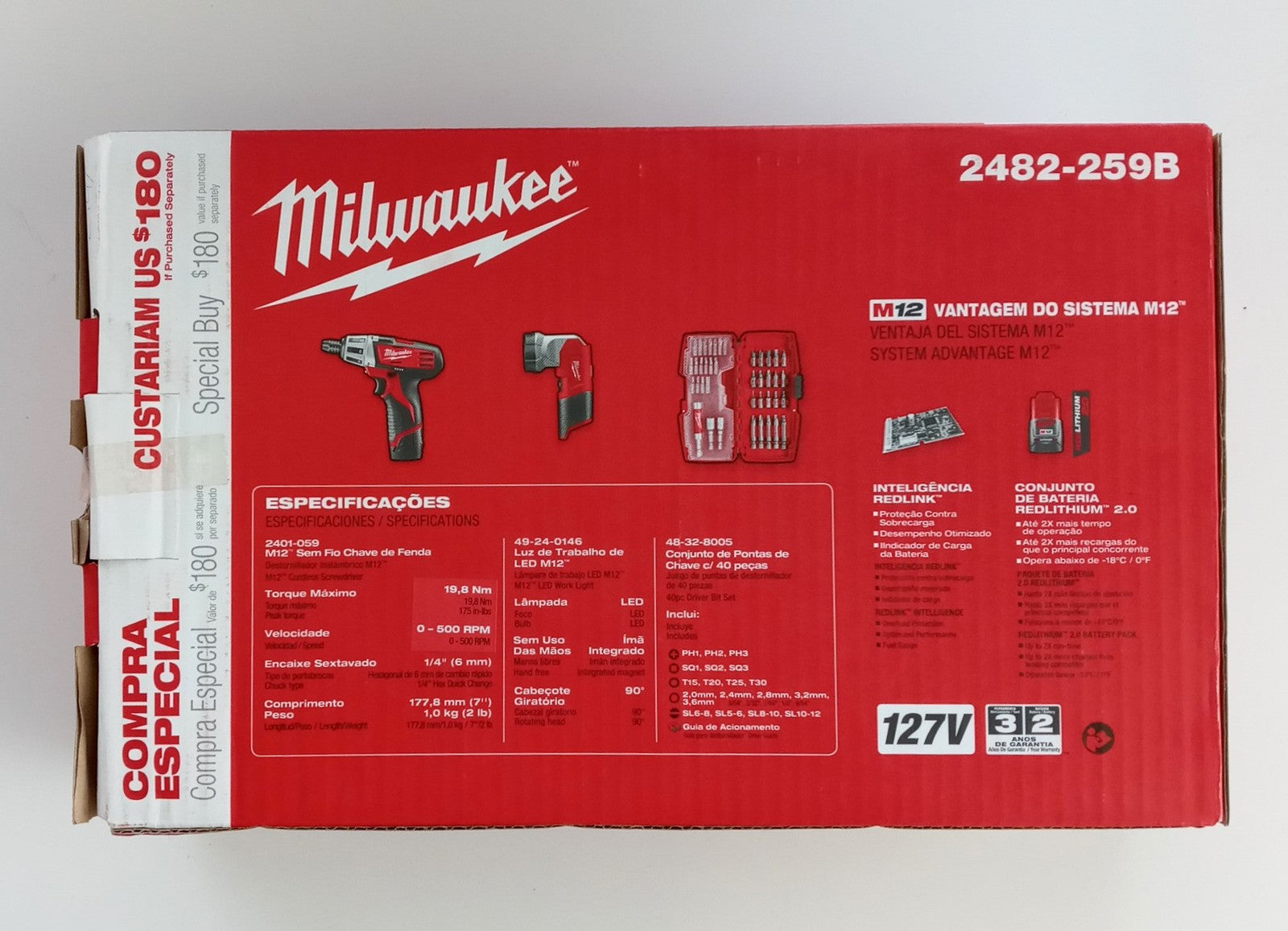 Milwaukee M12 Cordless Screwdriver w/ Bits & WorkLight (EURO CHARGER) 2482-259B