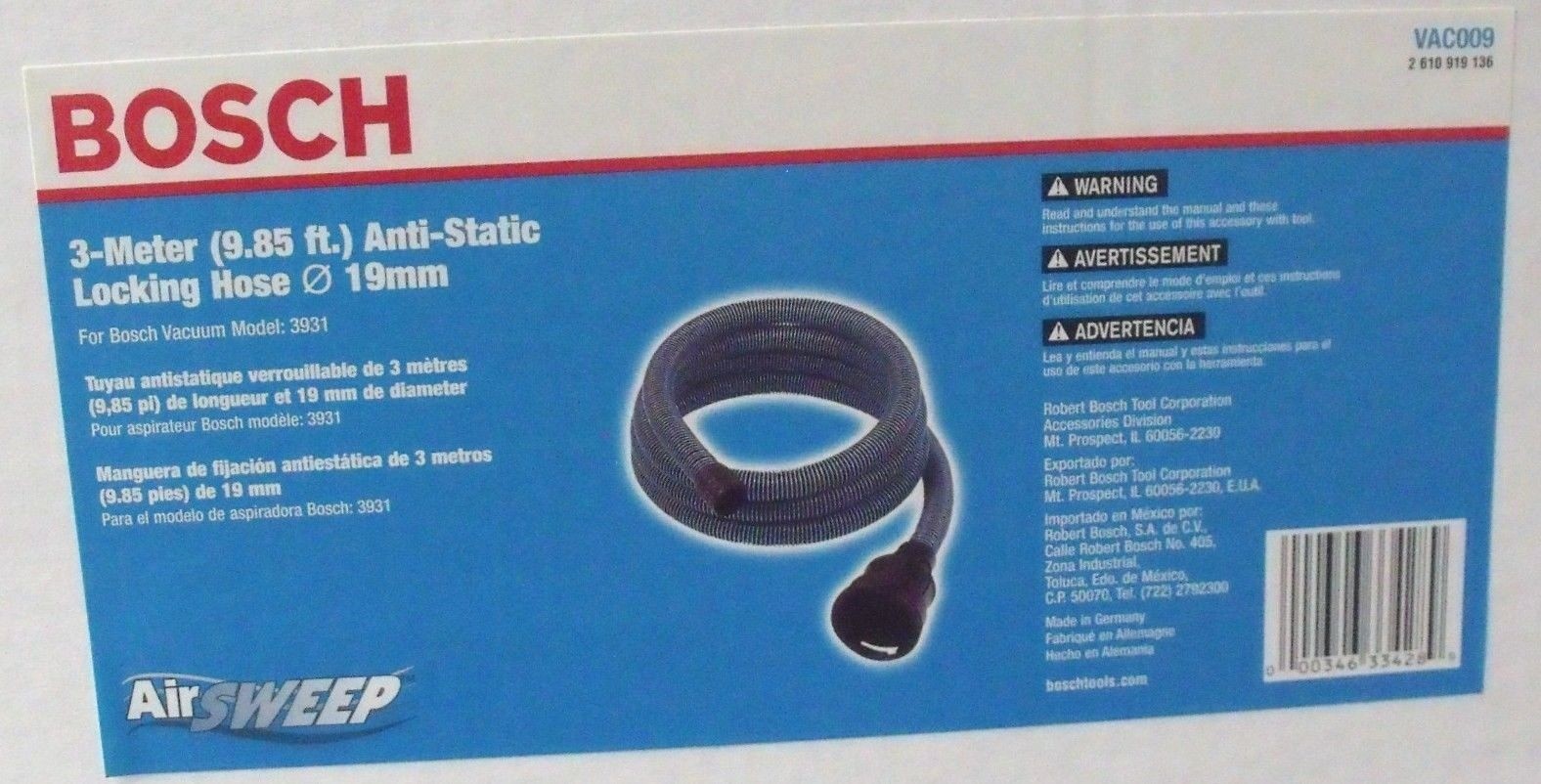 Bosch 3-Meter 9.85 Feet Anti-static Locking Vacumn Hose Germany VAC009