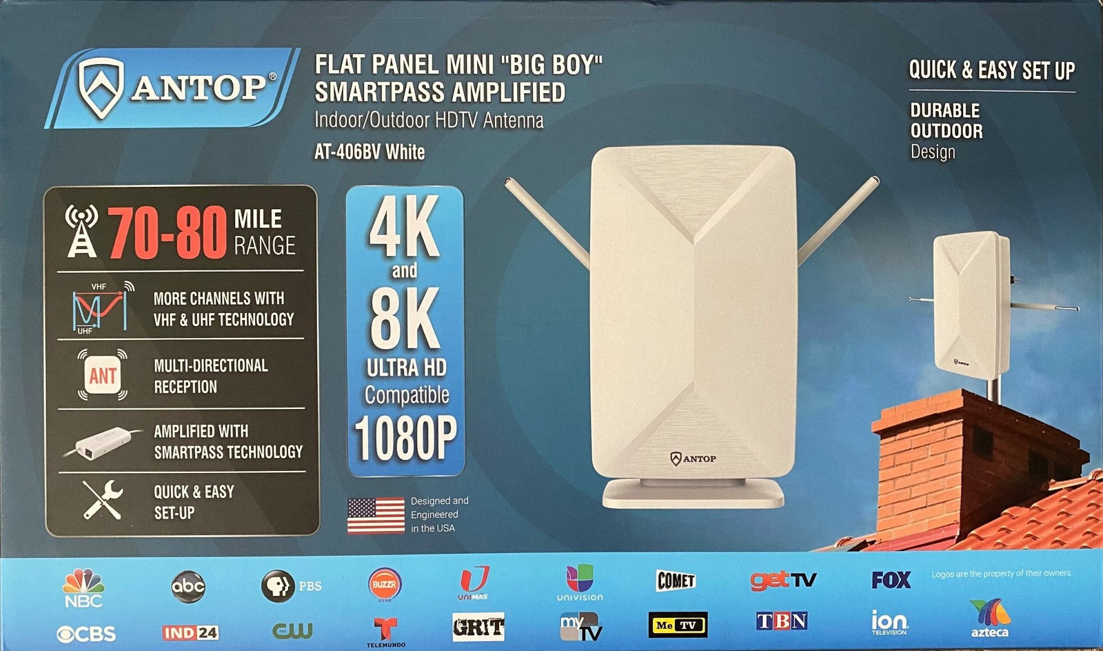 ANTOP Mini "Big Boy" Indoor/Outdoor Smartpass Amplified HDTV Antenna AT-406BV