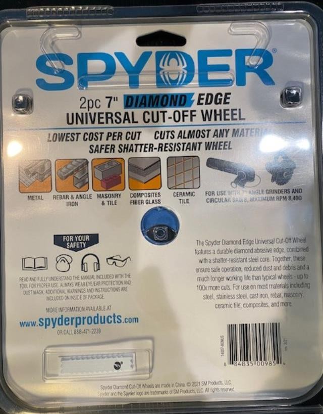 SPYDER (2) 7" Universal Diamond Edge Cut-Off Wheels With Arbor Bushing 14007-CA