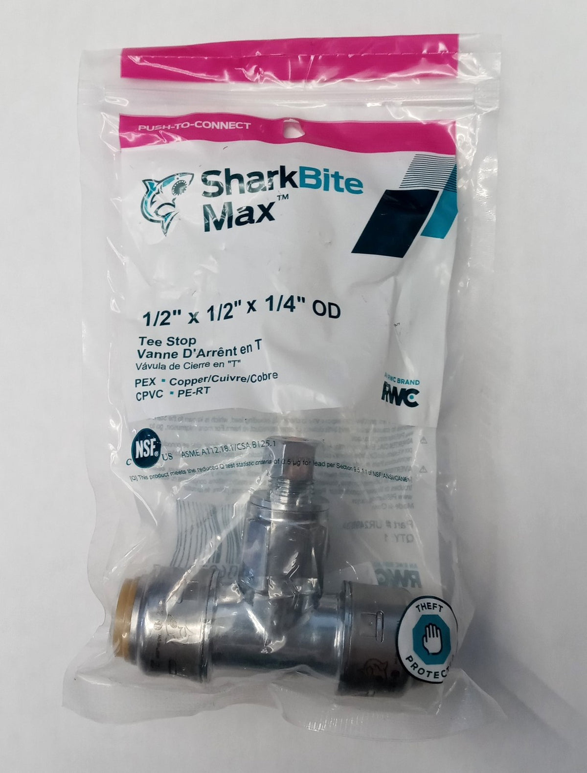 SharkBite 1/2 x 1/2 x 1/4 Inch Brass Push Tee Stop Valve Compression UR24983