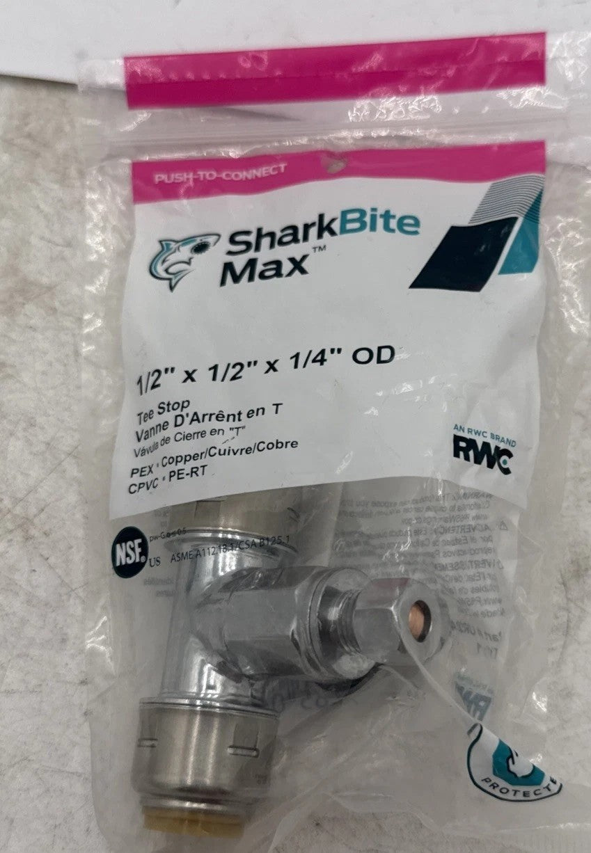 SharkBite 1/2 x 1/2 x 1/4 Inch Brass Push Tee Stop Valve Compression UR24983