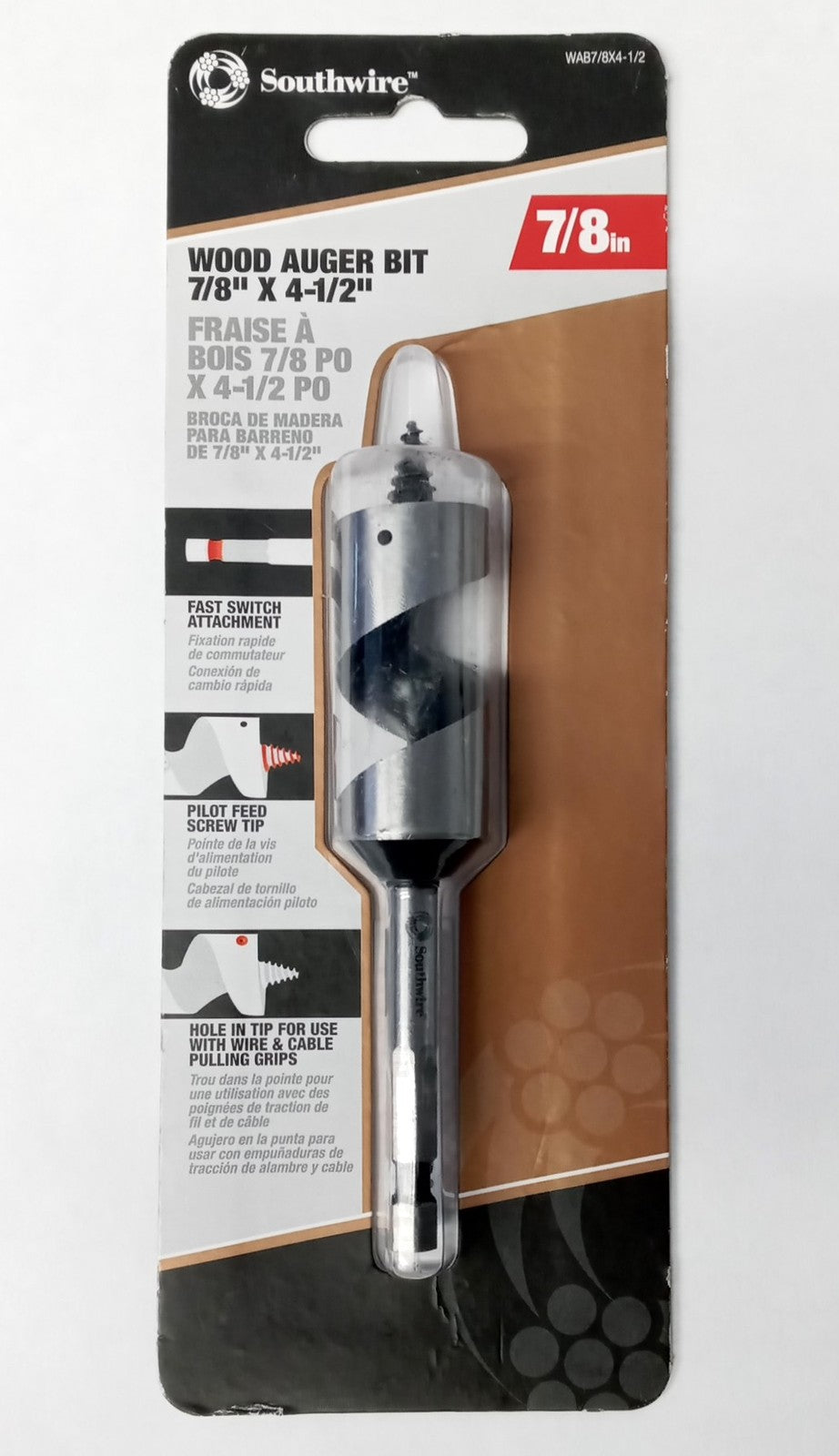 Southwire Wood Auger Bit 7/8" x 4-1/2" Fast Switch Attachment WAB7/8X4-1/2
