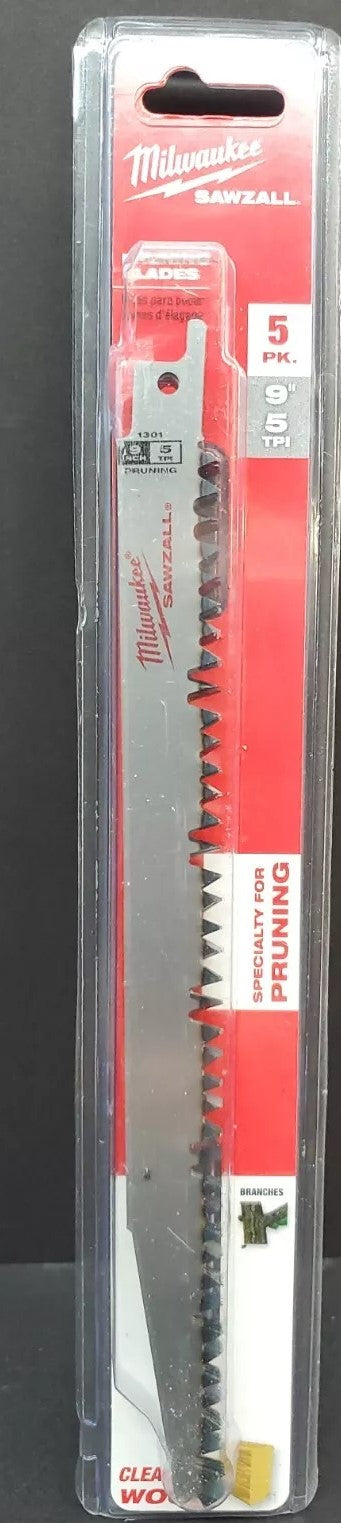 Milwaukee 48-00-1301 9" 5TPI Sawzall Pruning Blades 5-Pack