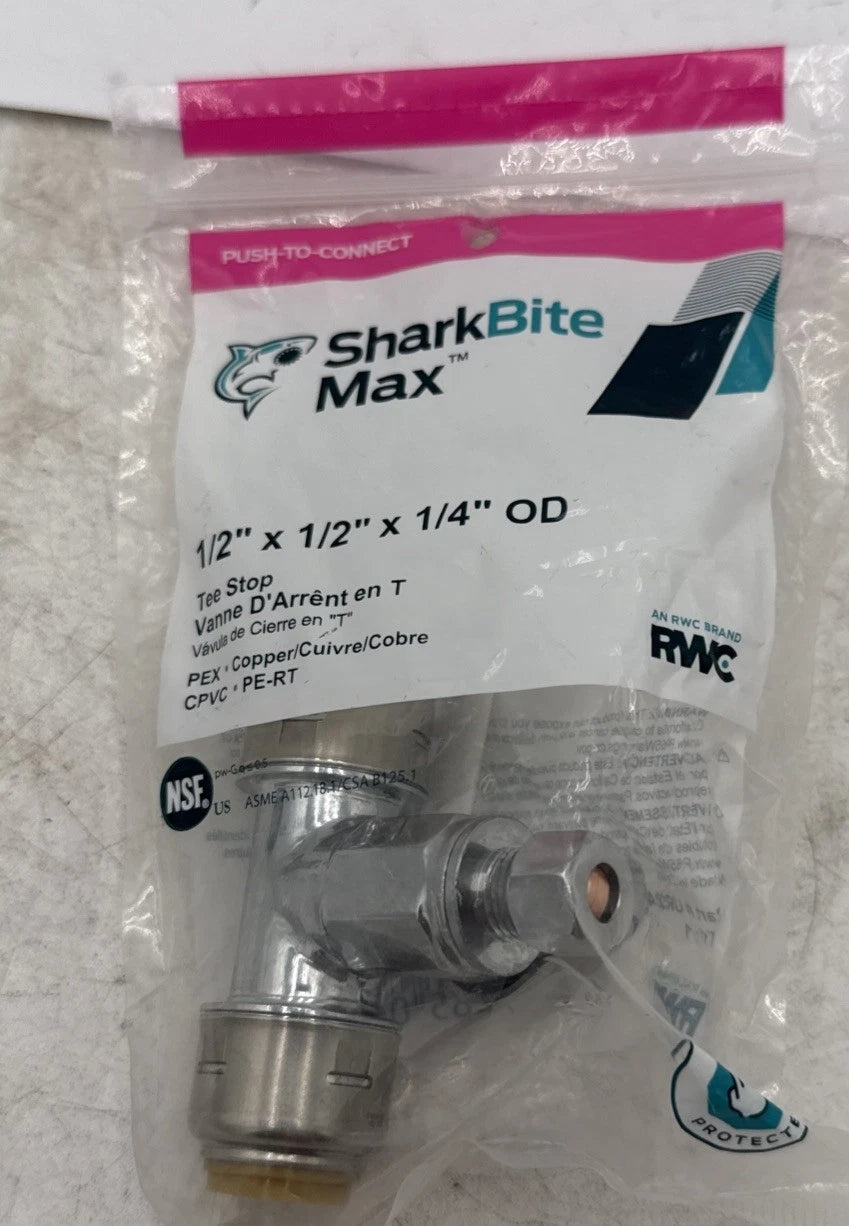 SharkBite 1/2 x 1/2 x 1/4 Inch Brass Push Tee Stop Valve Compression UR24983