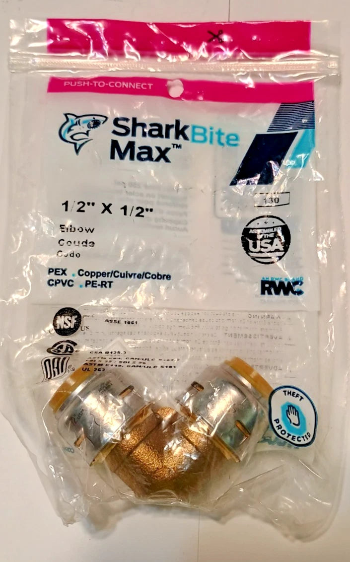 SharkBite Max 1/2" x 1/2" 90 Degree Push-to-Connect Elbow UR248A USA