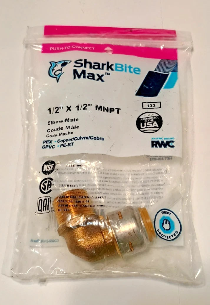 SharkBite Max 1/2" x 1/2" MNPT 90 Degree Male Plumbing Elbow UR280A