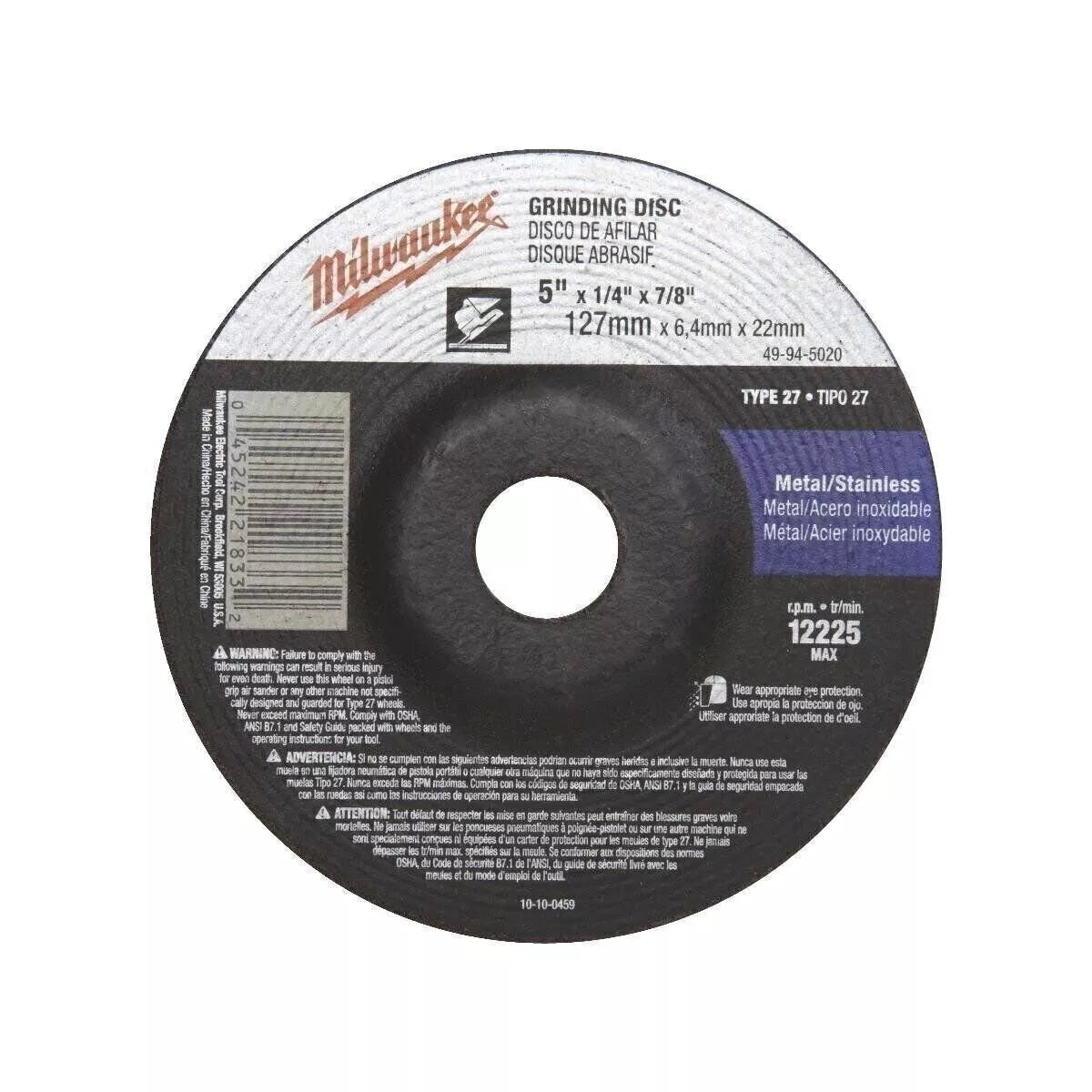 Milwaukee 49-94-5020 Metal Stainless Grinding Disc 10pk 5 X 1/4 X 7/8