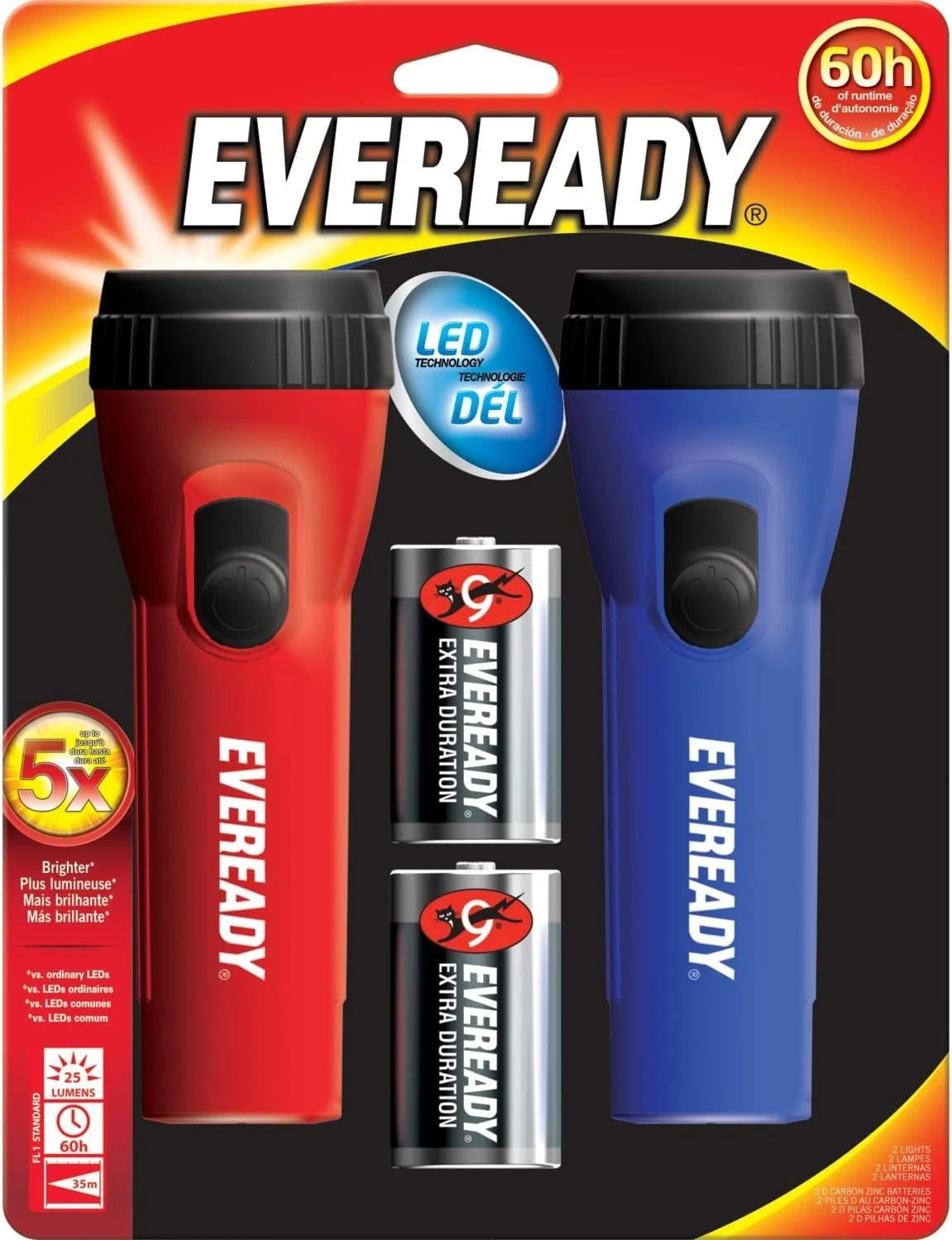 Eveready LED 60 Hour Flashlight 2 Pack w/ 2 Batteries Red & Blue EVEL152S
