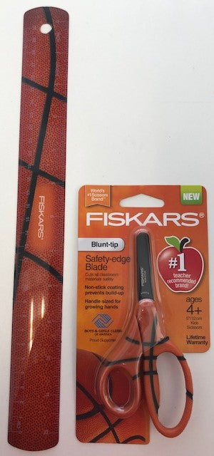 Fiskars 134162-1001 Basketball MVP 5" Non-Stick Blunt-Tip Kids Scissors & Ruler