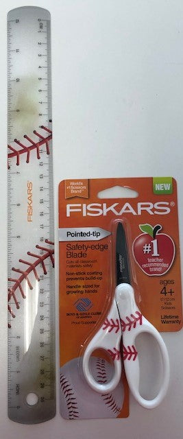 Fiskars 134302-1001 Baseball MVP 5" Non-Stick Pointed Tip Kid Scissors & Ruler
