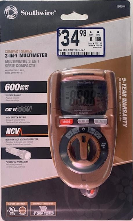 Southwire MULTIMETER 16020N Compact 3-in-1 CAT IV Multimeter 600V NCV Worklight