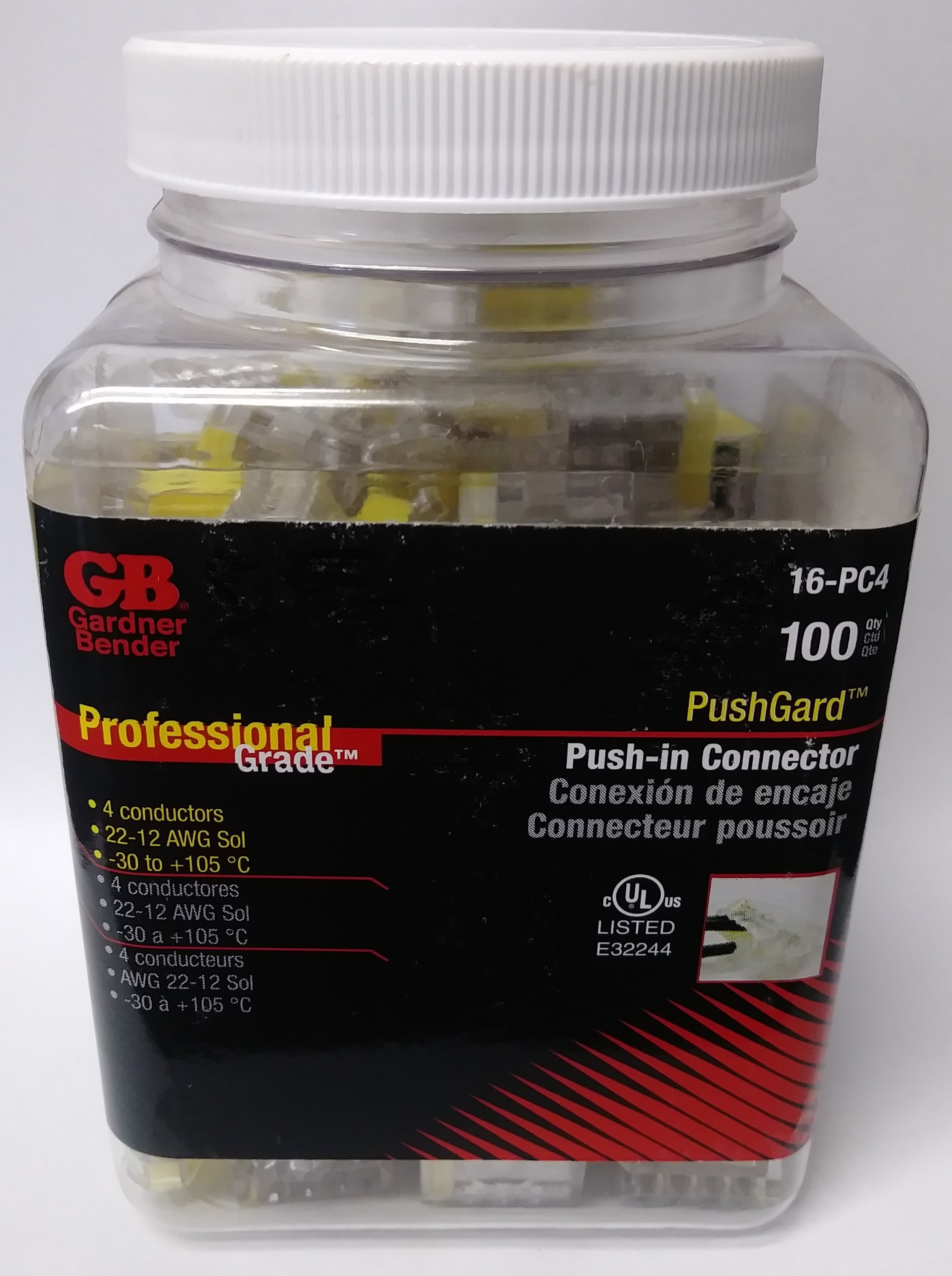 Gardner Bender 16-PC4 PushGard Push-In Connector 22-12 AWG 4 Conductors 100 Pack