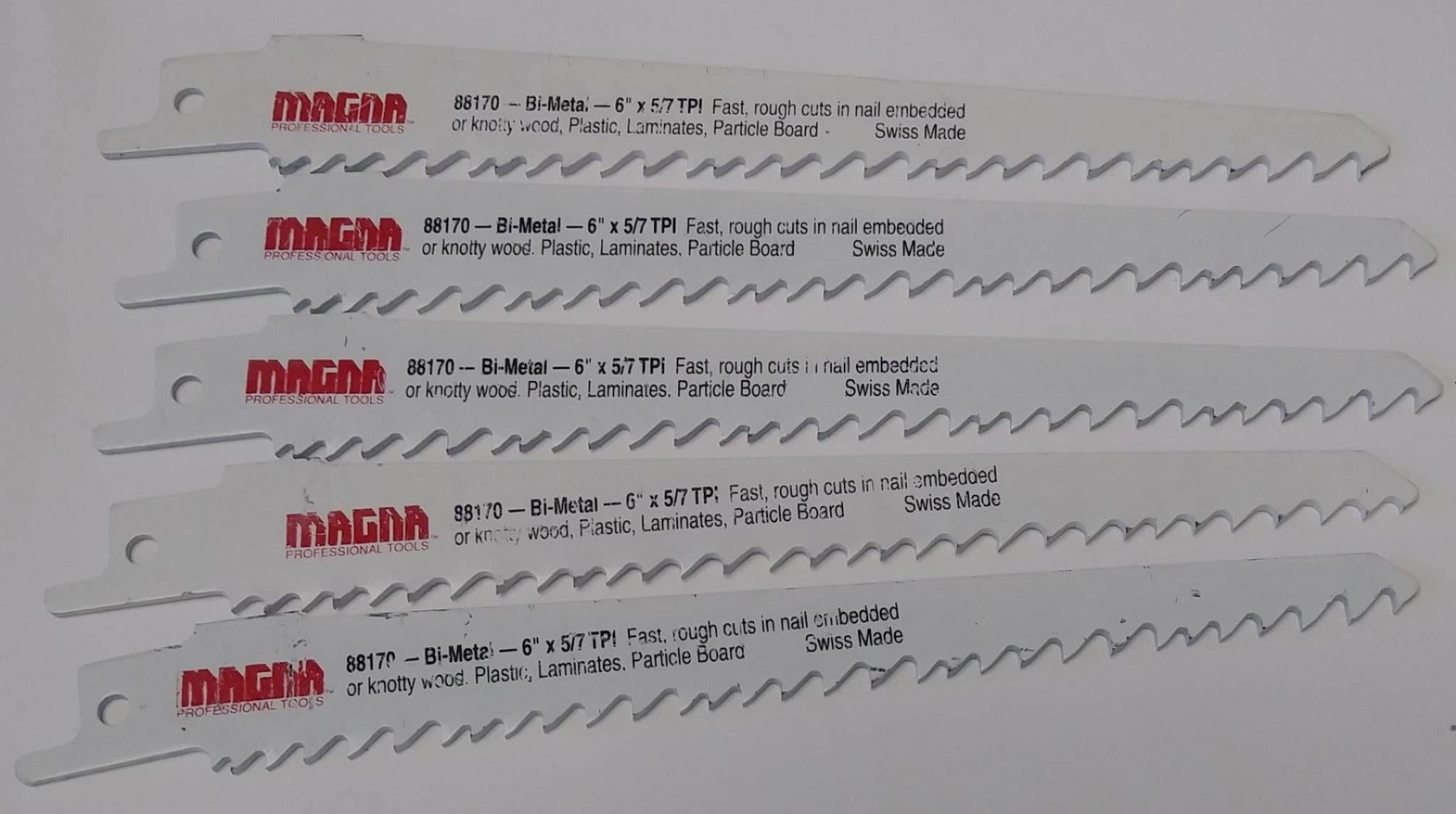 Magna 88170 6" x 5/7 TPI Bi-Metal Reciprocating Saw Blades (5 Blades) Swiss