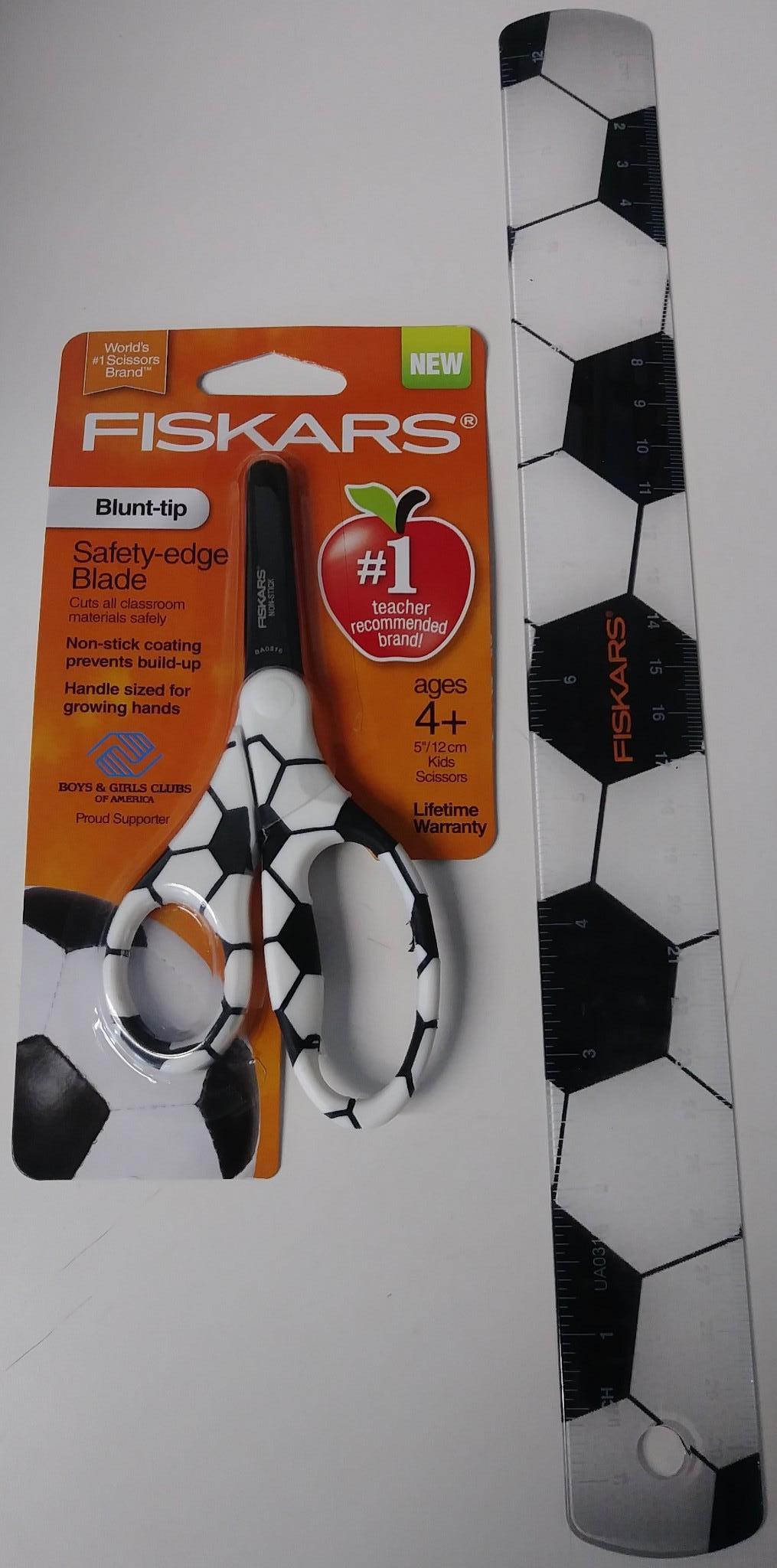 Fiskars 134162-1001 Soccer MVP 5" Non-Stick Blunt-Tip Kids Scissors & Ruler