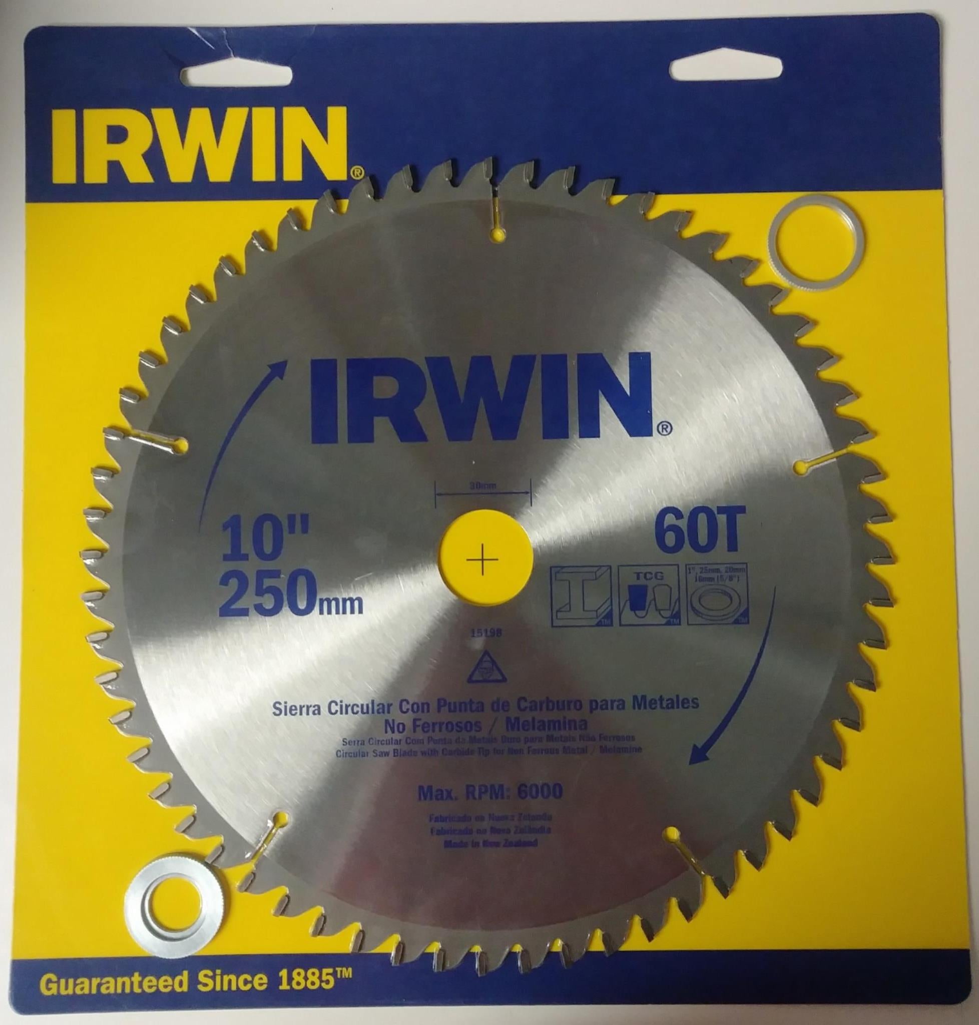 Irwin 15198-T 10" x 60T Non Ferrous / Melamine Circular Saw Blade 30mm Arbor