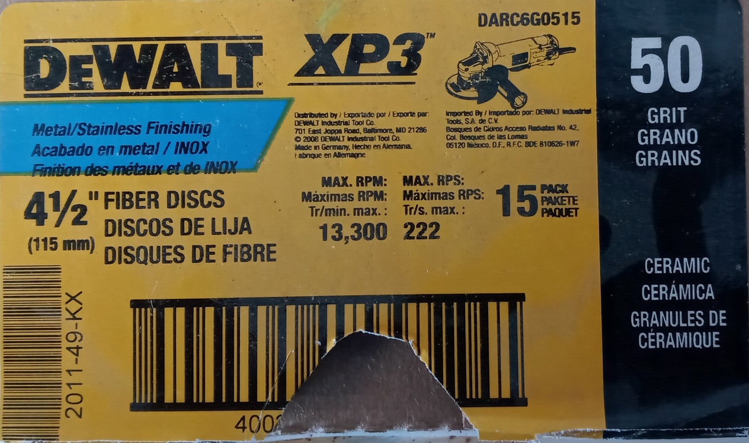 Dewalt DARC6G0515 Metal Stainless Finishing Fiber Discs 50grit 4-1/2" 15-pack