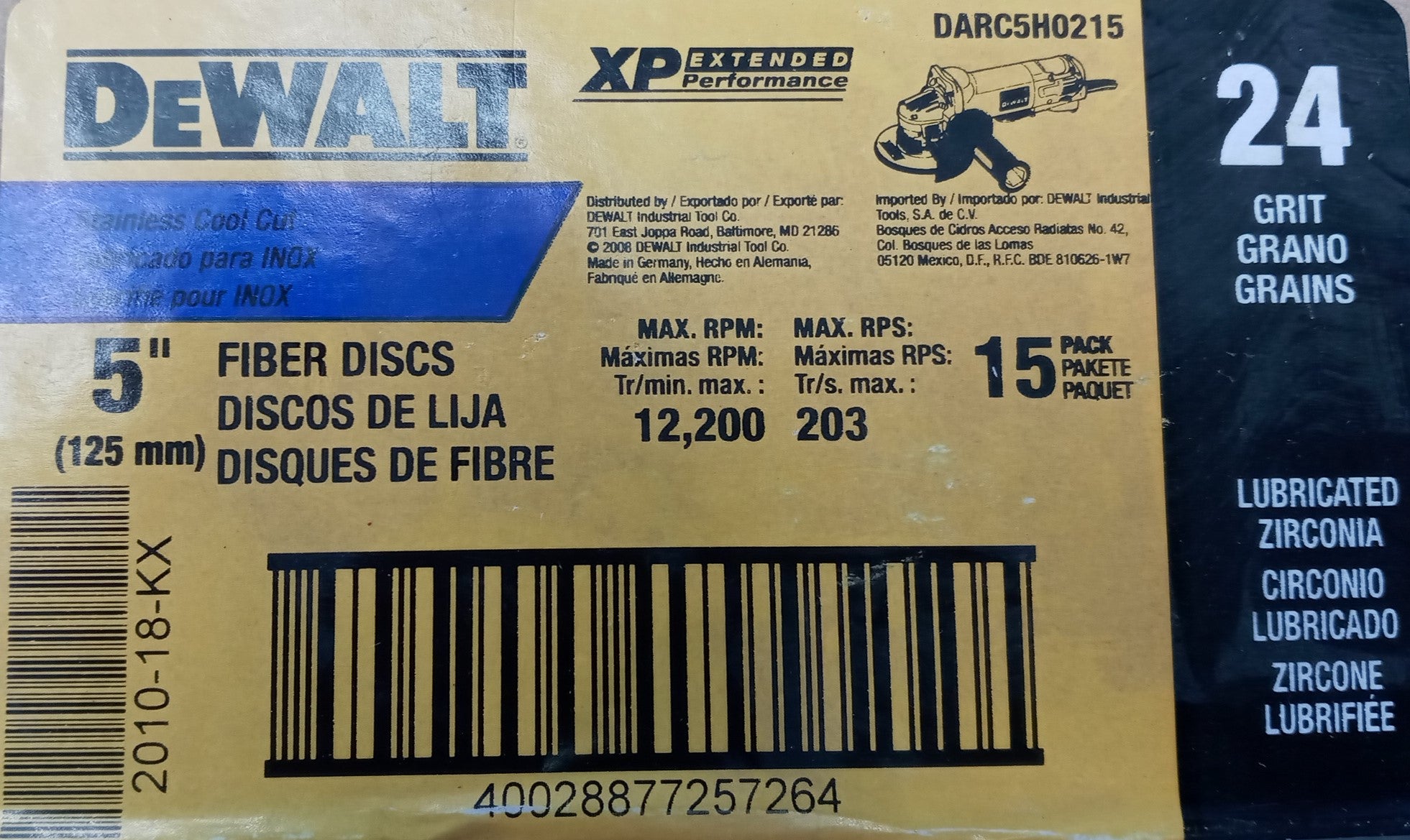 Dewalt DARC5H0215 Stainless Cool Cut Fiber Discs 5" 24grit 15-pack