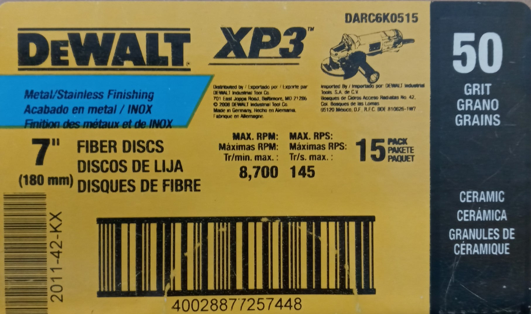 Dewalt DARC6K0515 Metal/Stainless Finishing Ceramic Fiber Discs 7" 50grit 15pk