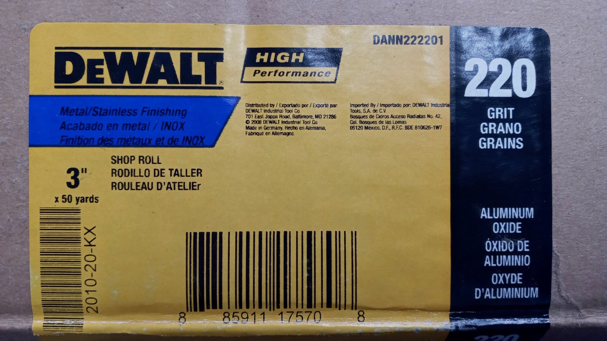 Dewalt DANN222201 Metal/Stainless Finishing Shop Roll Aluminum 3"x50yds 220grit