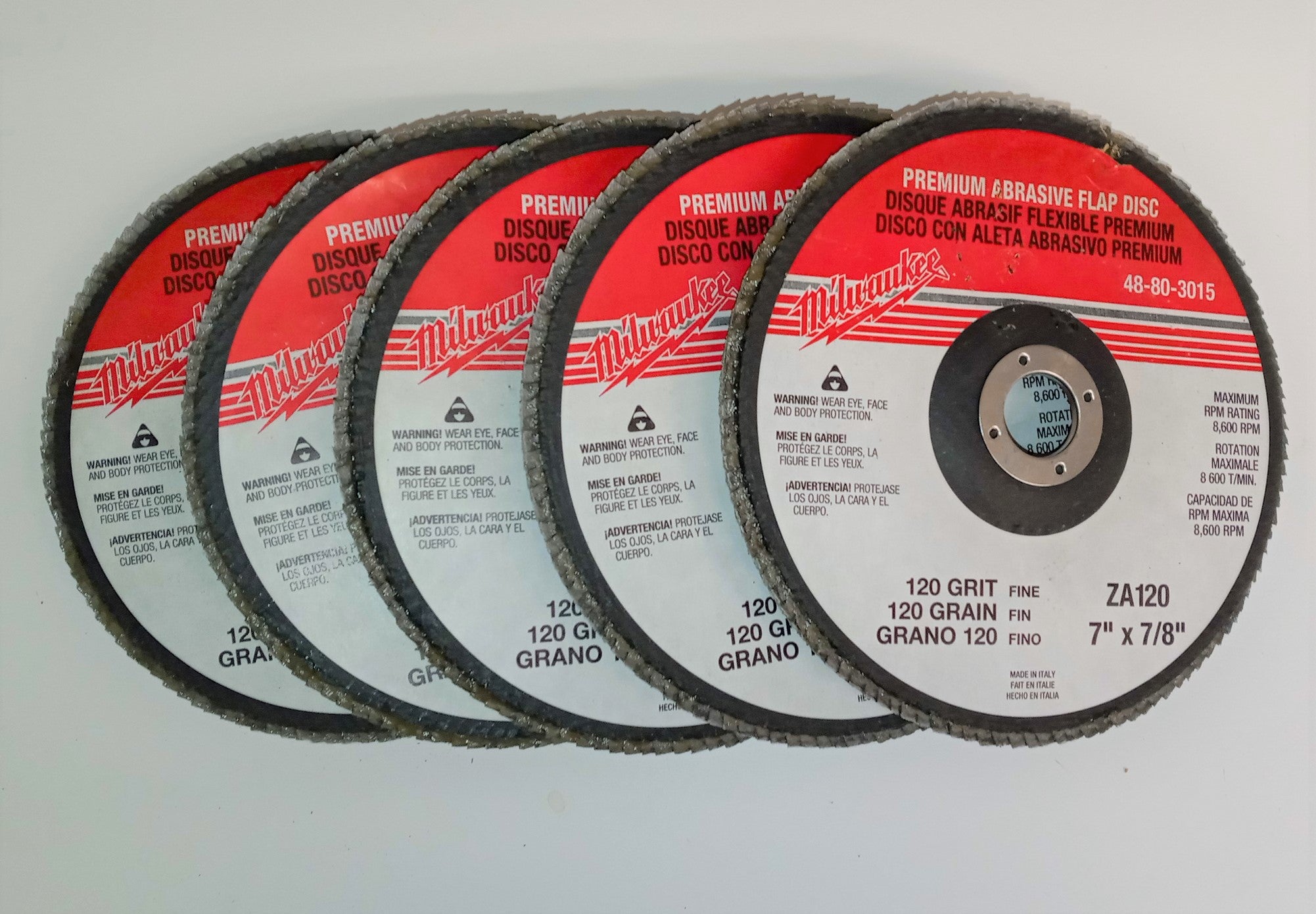 Milwaukee 48-81-3015 Premium Abrasive Flap Disc 7"x7/8" Fine 102Grit Italy 5pcs