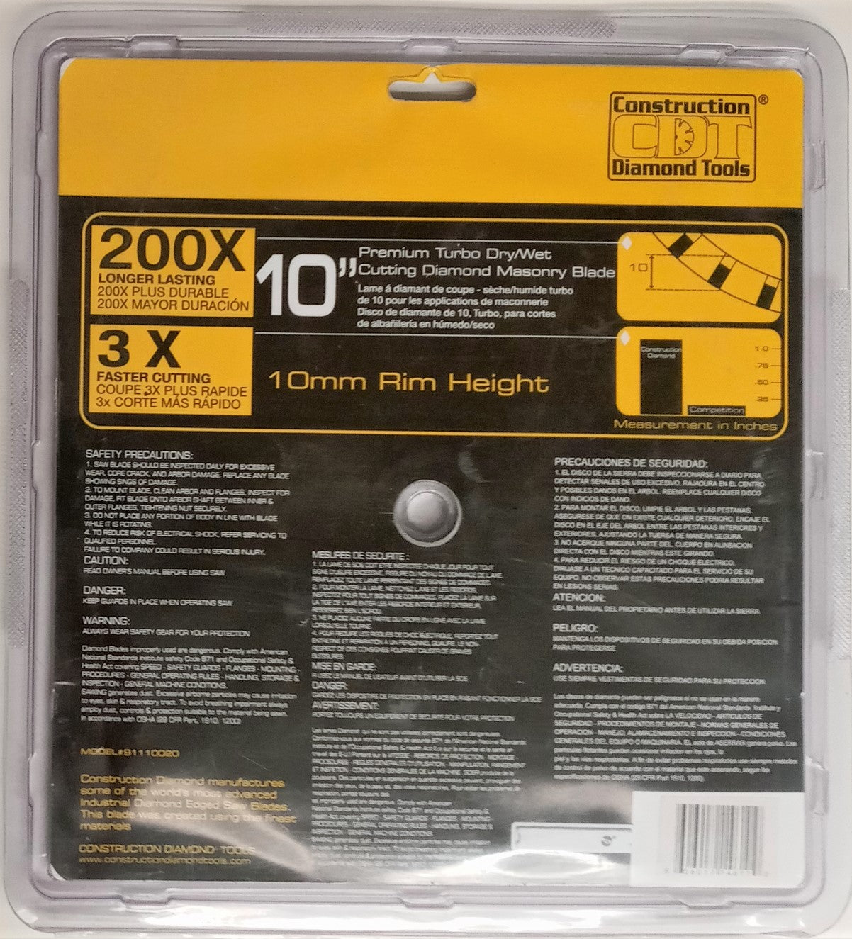 CDT 91110020 Premium Turbo 10" Dry/Wet Diamond Masonry Blade