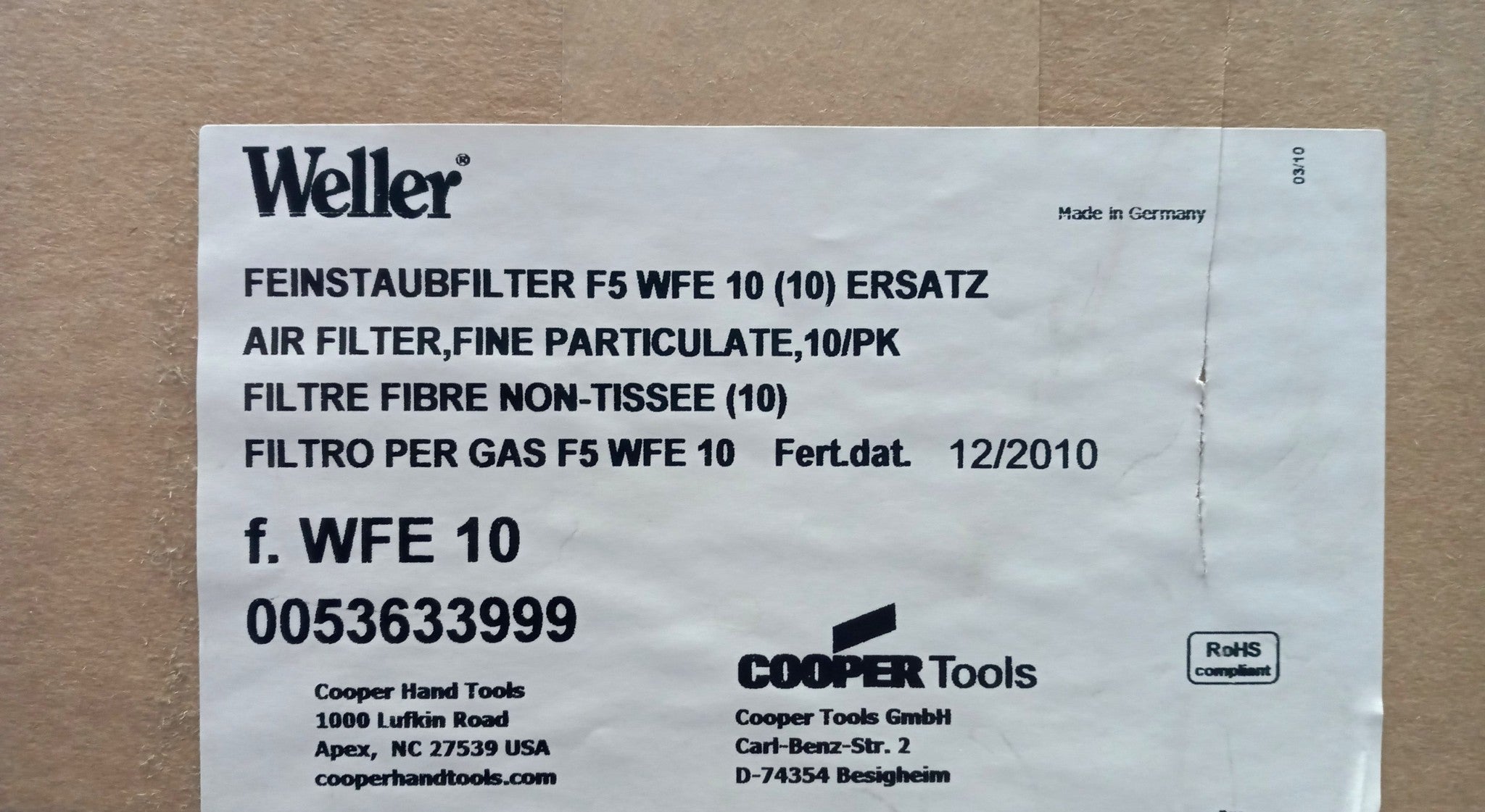 Weller 0053633999 10pc Fine Particulate Air Filter for WFE10 Germany