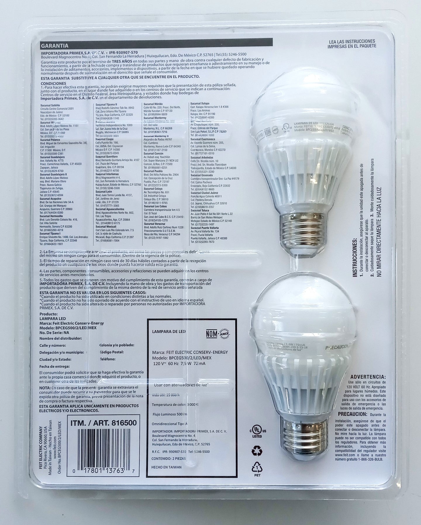Feit Electric 816500 2-Pack Dimmable LED Bulbs 500 Lumens, 3000k, 7.5W