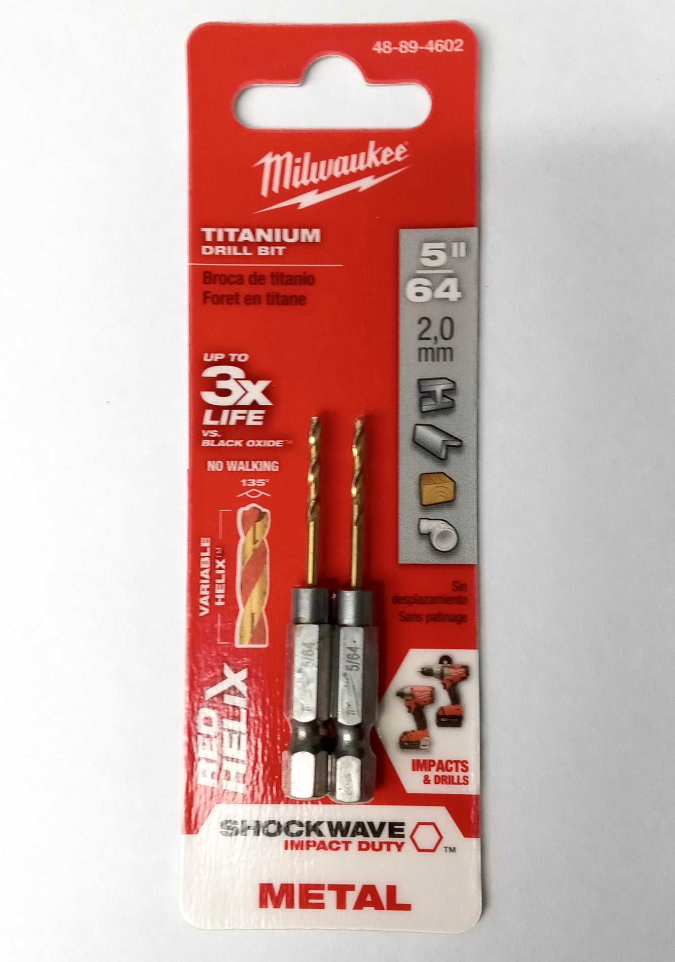 Milwaukee Tool 48-89-4602 5/64" Titanium Shockwave Drill Bit Pack of 2