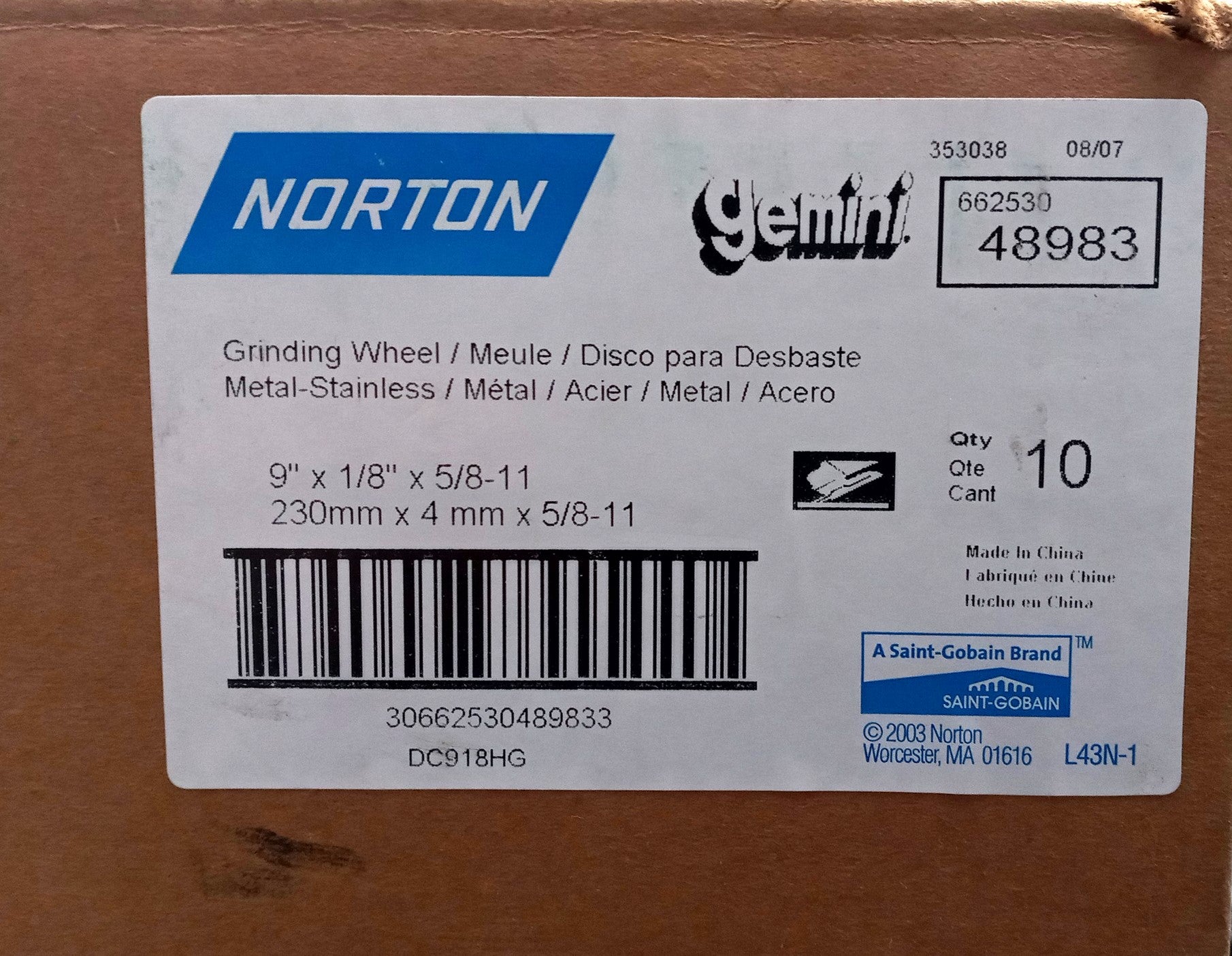 Norton 48983 9" x 1/8" x 5/8-11 Gemini Dep. Center Cutting/Notching Wheels 10pcs