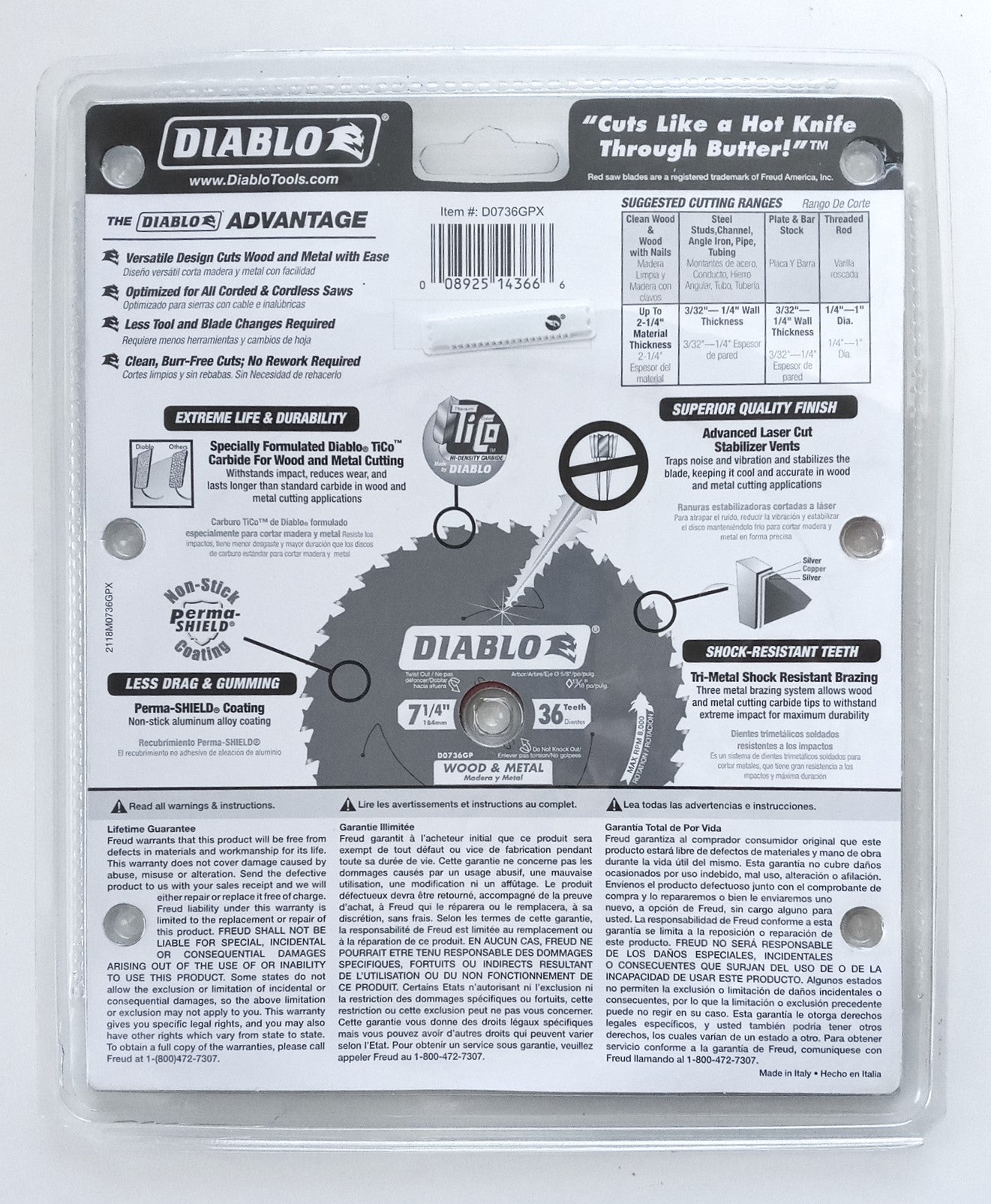 Diablo D0736GP 7-1/4" x 36 Tooth Wood & Metal Saw Blade Italy