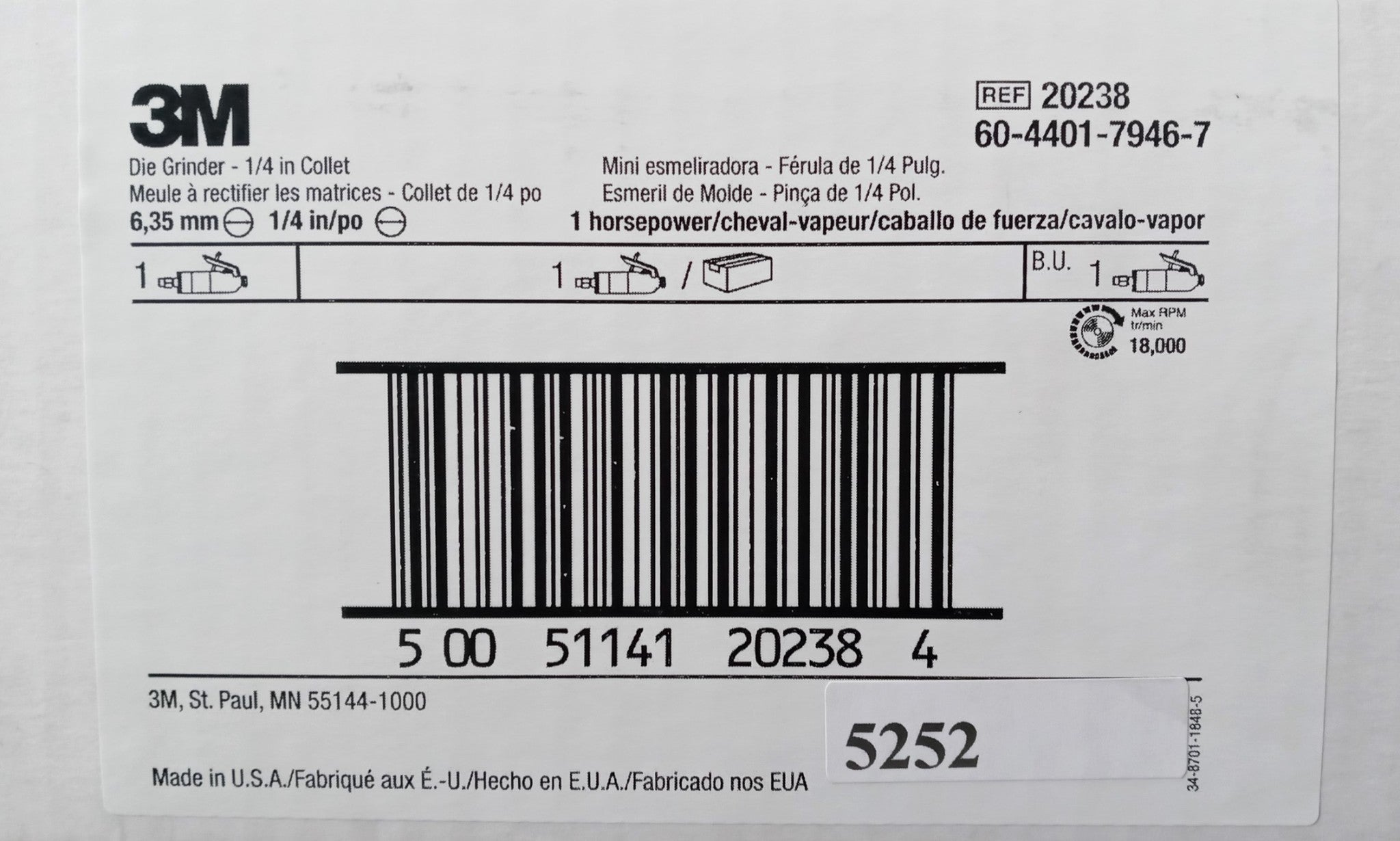 3M 20238 Metal Working System Die Grinder 1/4" Collet USA