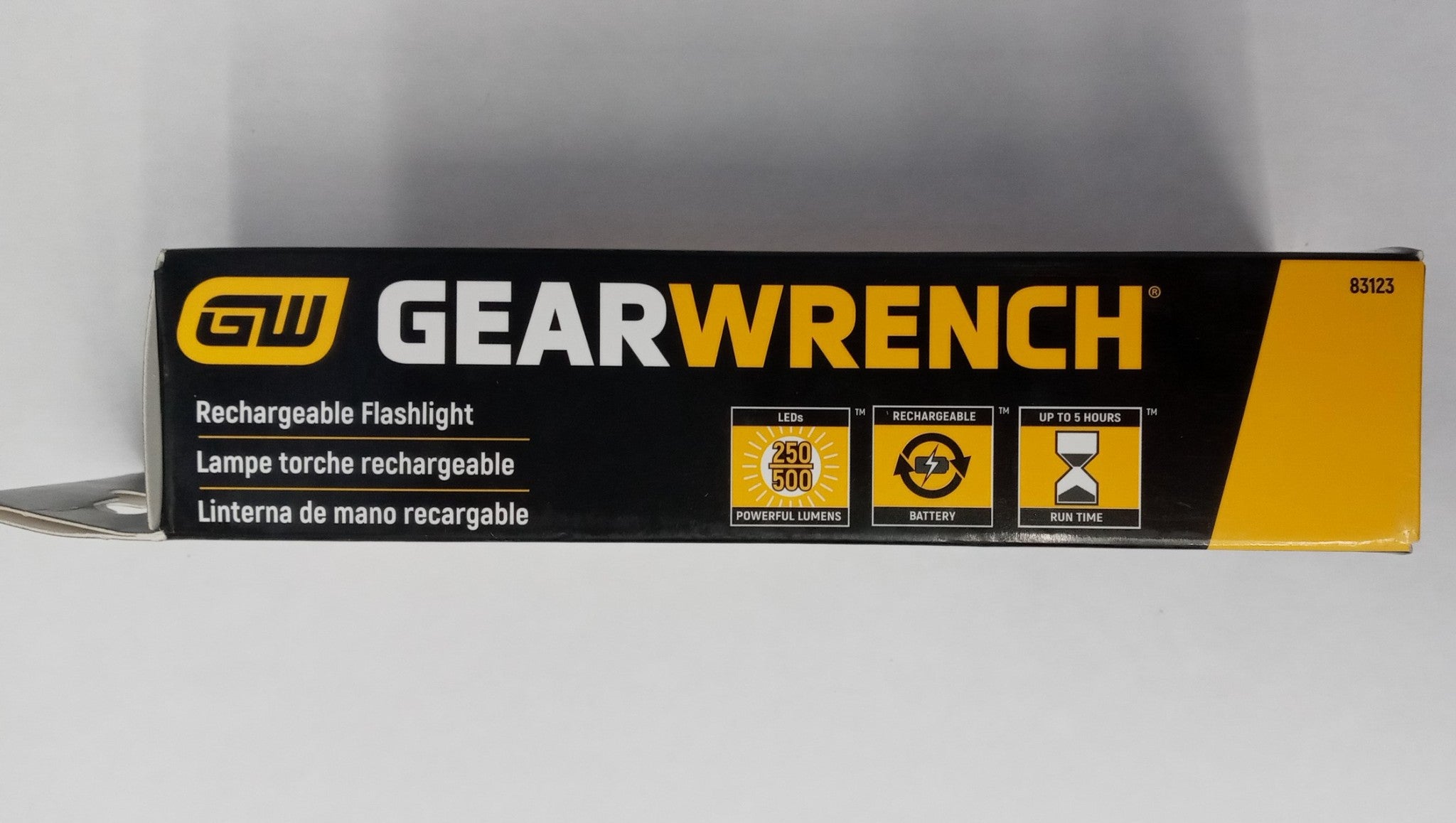 Gearwrench 83123 Solid Aluminum Rechargeable Flashlight Cob LED 250 & 500 Lumen