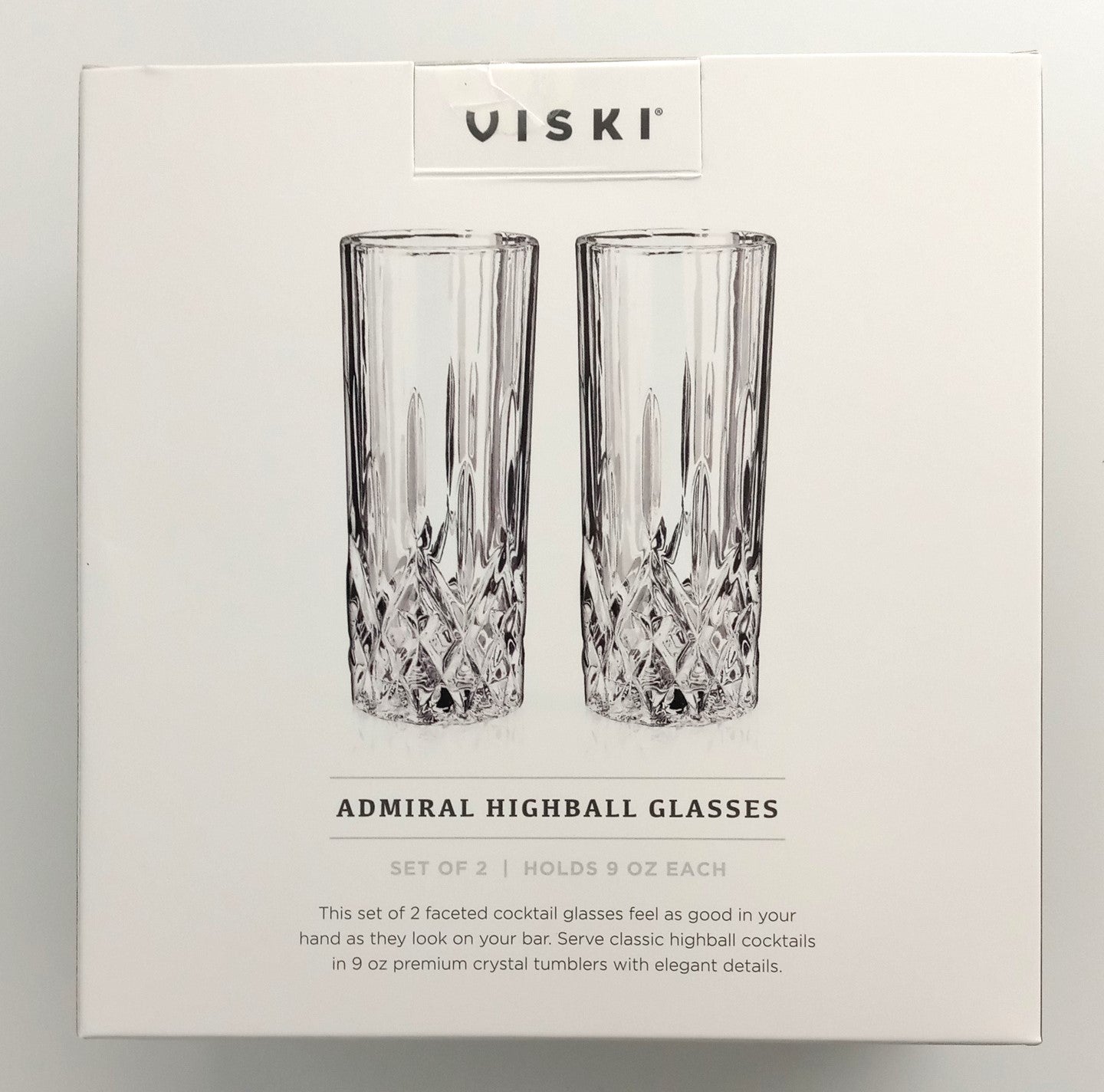Viski 10247 Admiral Crystal Highball Glasses - Fancy Tall Gift Set of 2, 9 Oz