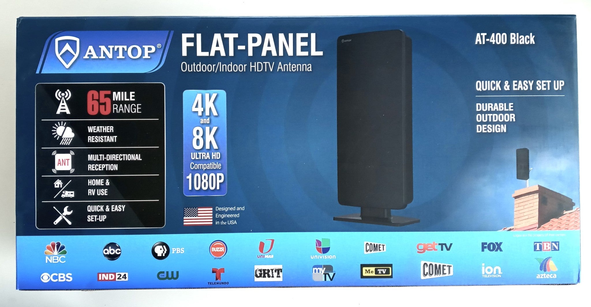 Antop AT-400 Flat-Panel Outdoor/Indoor HDTV Antenna 1080p 4k & 8k Compatible