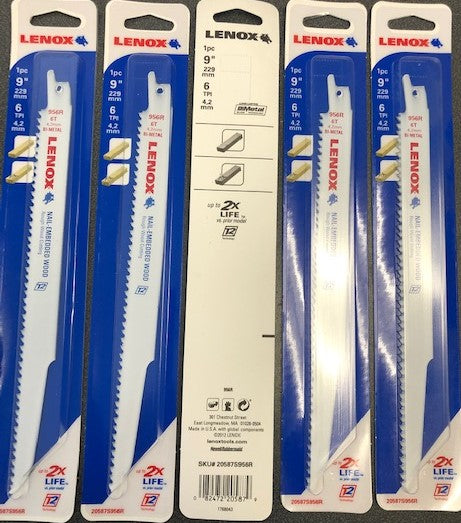 Lenox 20587S956R 9" x 6TPI Bi Metal Reciprocating Saw Blades 5 pks of 1pc USA