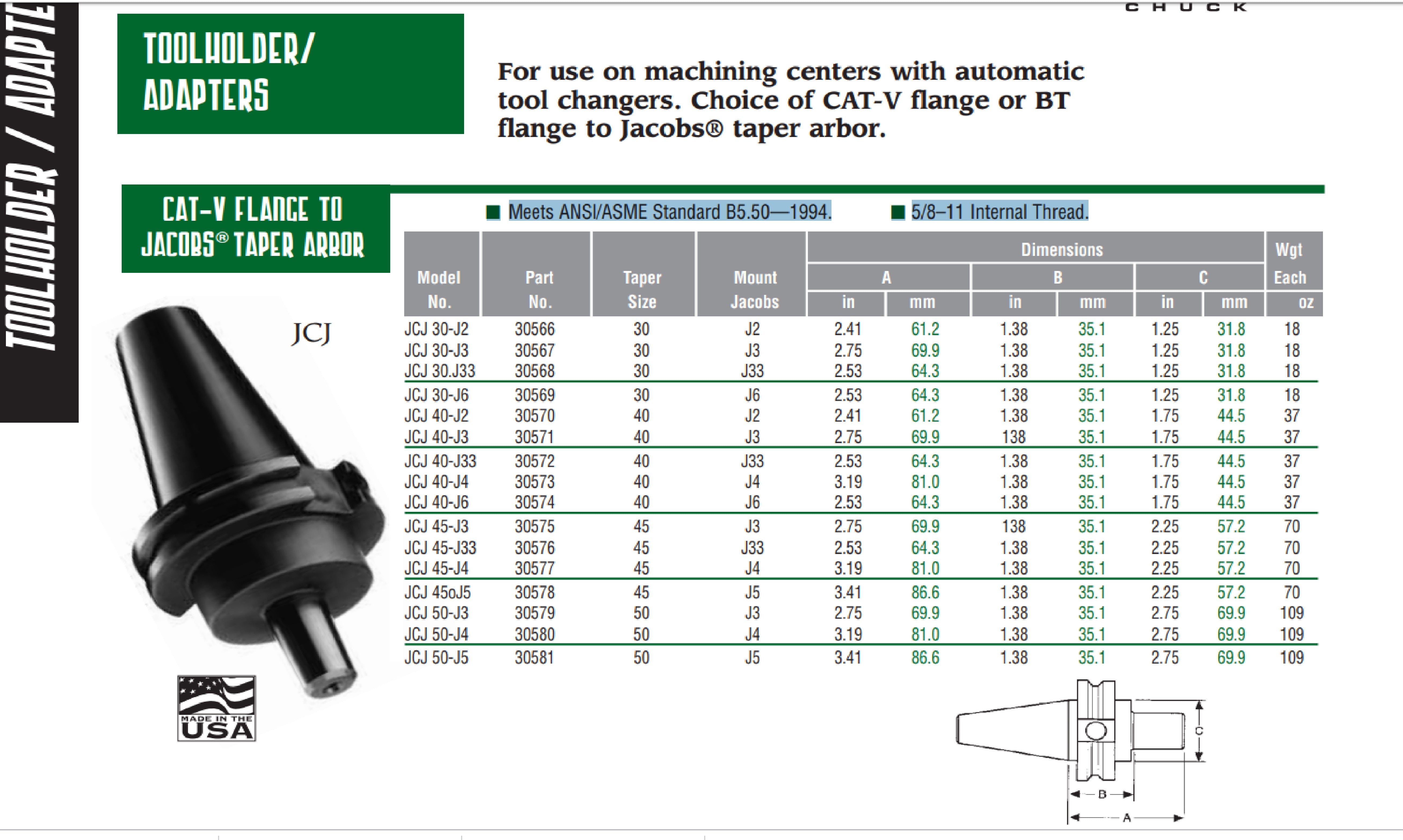 Jacobs 30580 JCJ 50-J4 Cat-V Toolholder Adapter