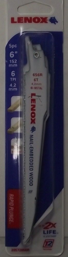 Lenox 20572656R 6" x 6 TPI Nail-Embedded Wood Reciprocating Blades 5 Pack USA