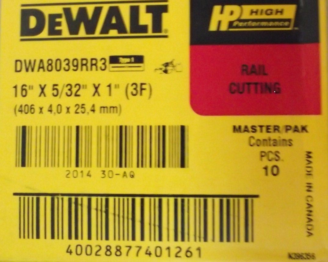 DEWALT DWA8039RR3 16" X 5/32" X 1" High Speed Rail Cutting Wheels Type 1 10 PACK