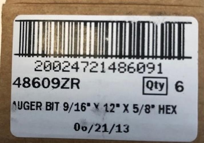 Irwin 48609ZR Augr Bit 9/16" x 12" x 5/8" Hex 6 pcs
