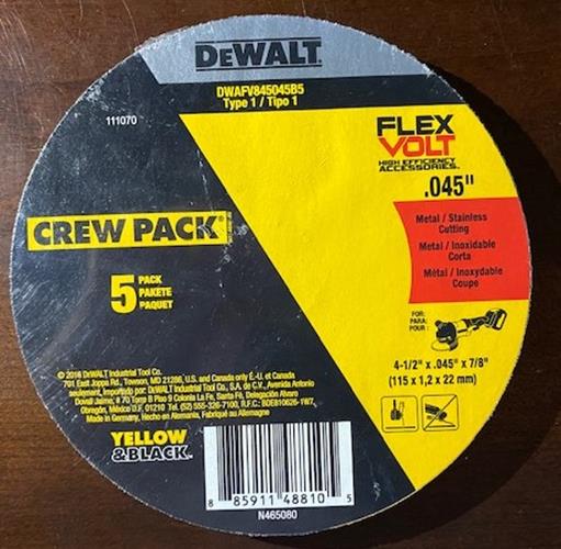 DEWALT DWAFV845045B5 FLEXVOLT 4-1/2" X .045" X 7/8" CUTTING WHEEL 5PK GERMANY